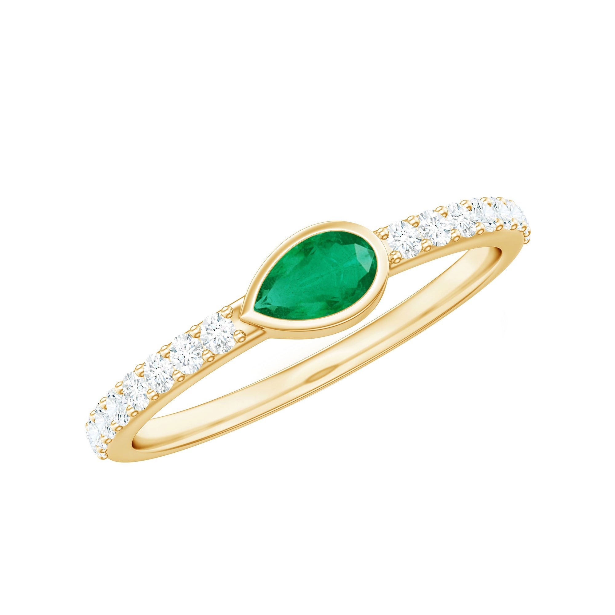 Emerald Diamond Promise Ring – Natural Pear Shape Emerald in Bezel Setting