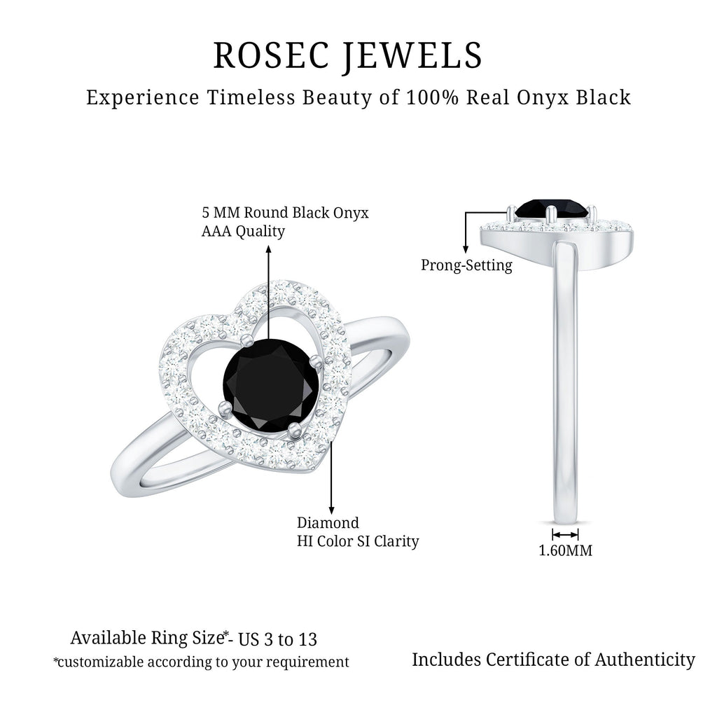 Genuine Black Onyx and Diamond Heart Engagement Ring