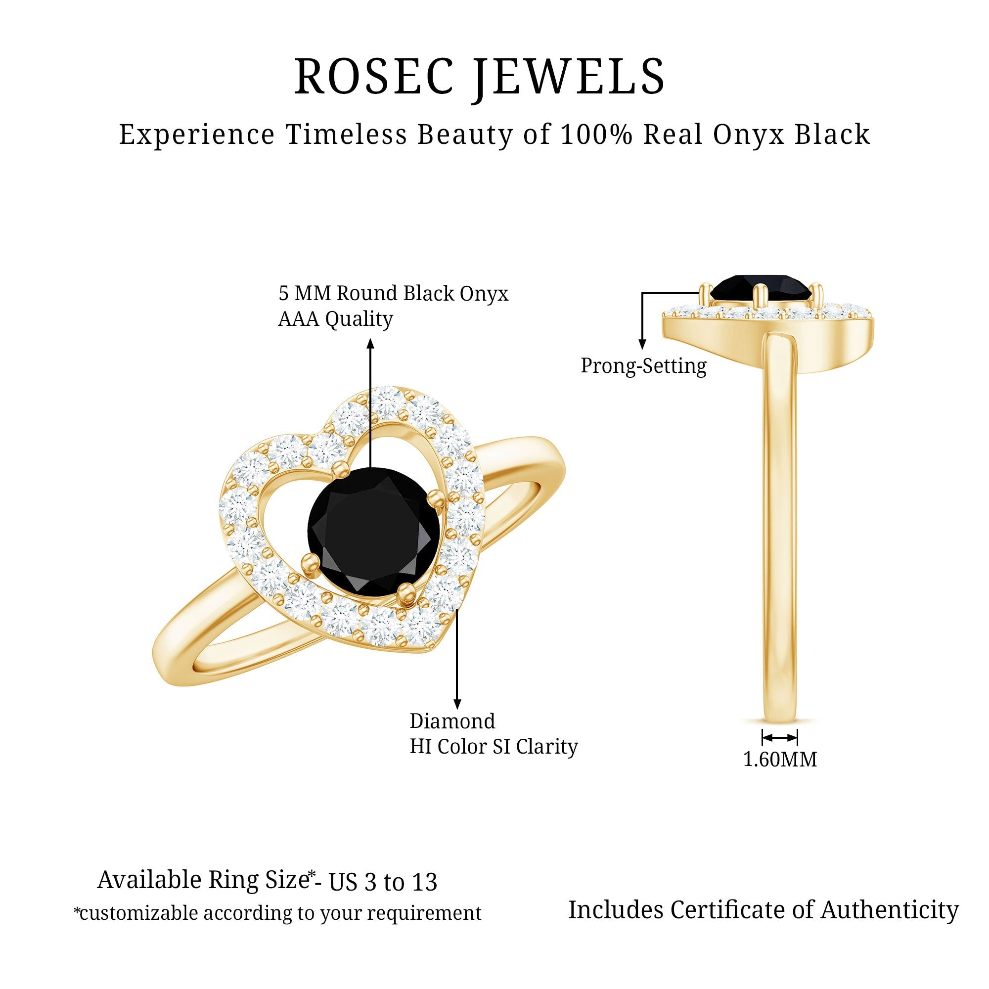 Genuine Black Onyx and Diamond Heart Engagement Ring