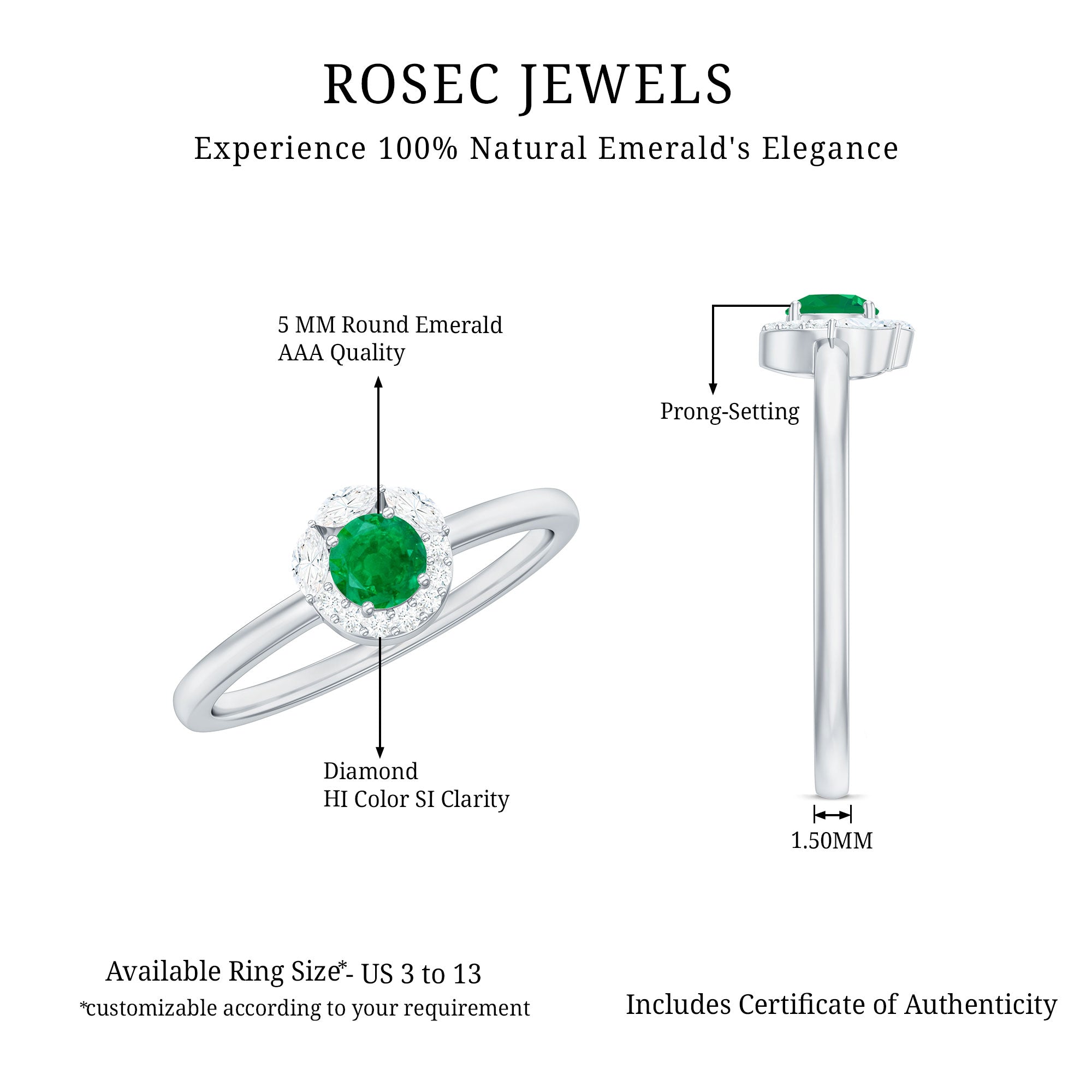 Emerald Promise Ring – Natural AAA Quality Emerald with Diamond Halo Design