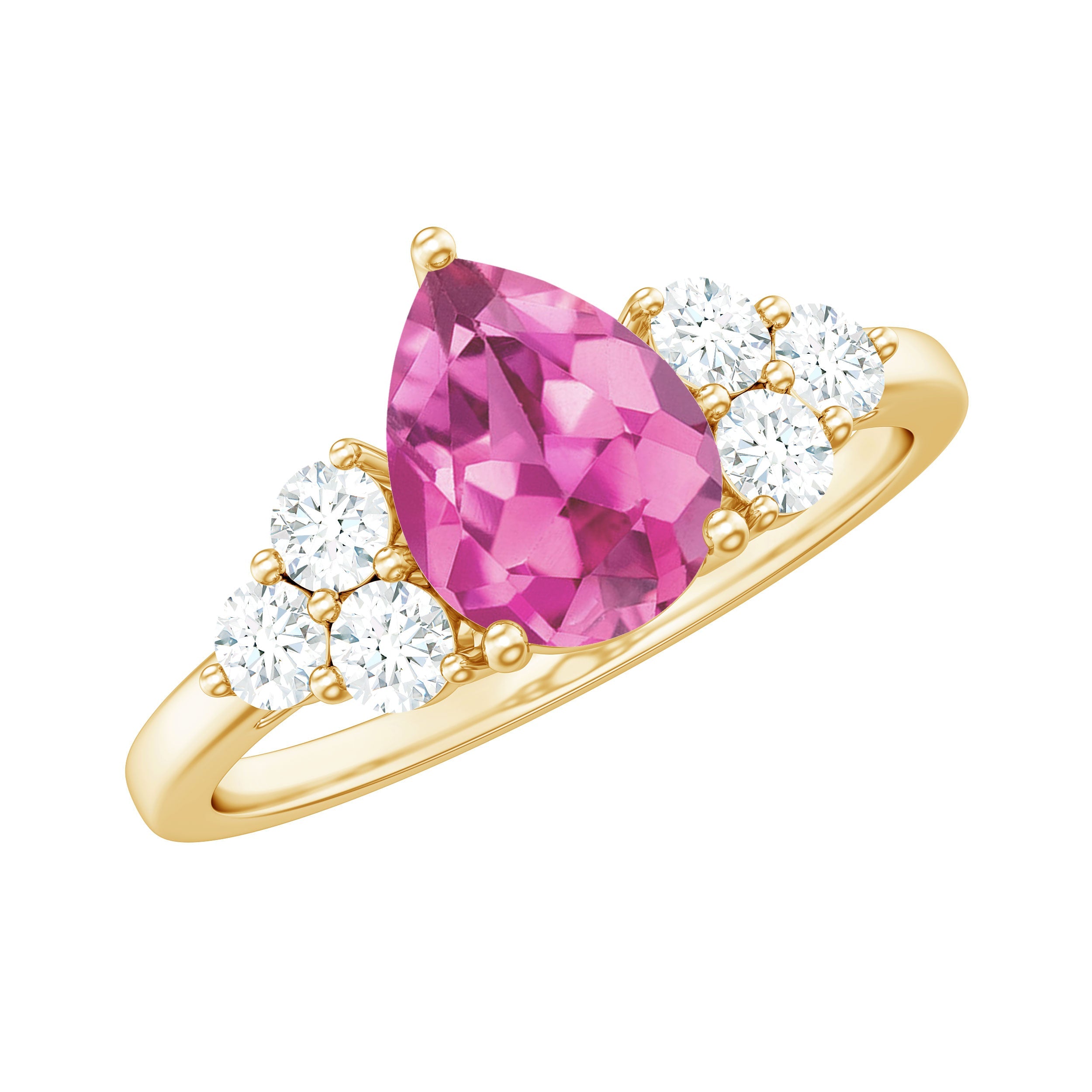 Pink Tourmaline Engagement Ring – Pear Shaped Solitaire with Diamond Trio Stones