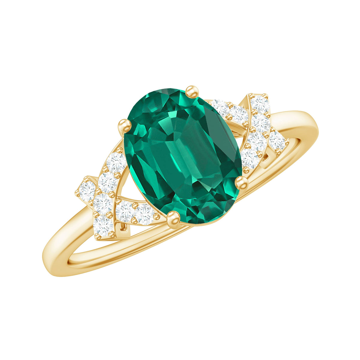 Lab Grown Emerald Ring - Certified Oval Emerald Engagement Ring with Diamond Accents