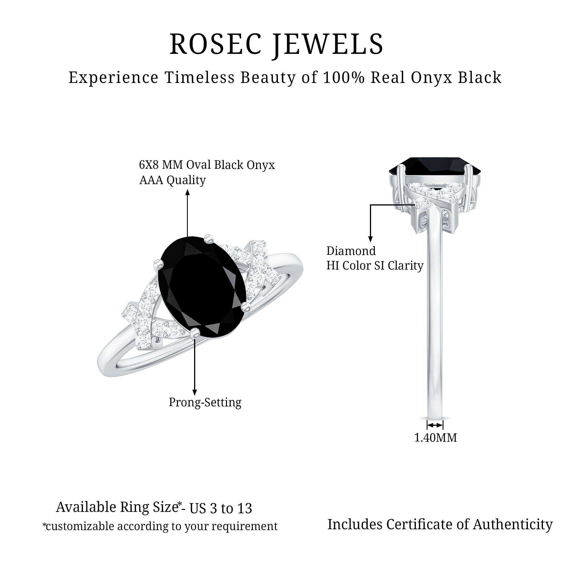 Solitaire Black Onyx Oval Engagement Ring in Split Shank