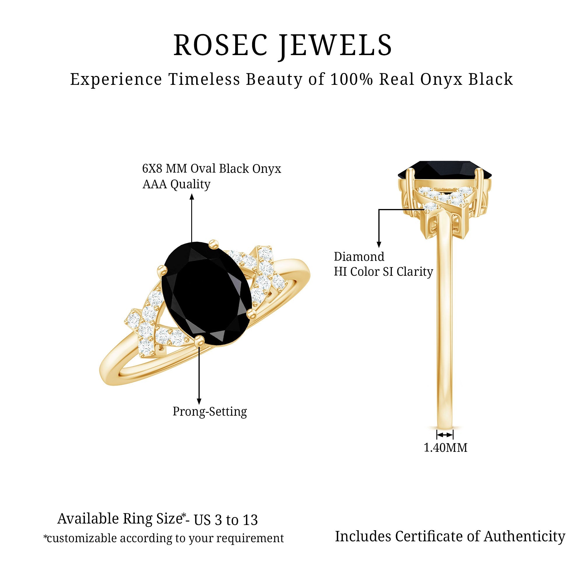 Solitaire Black Onyx Oval Engagement Ring in Split Shank
