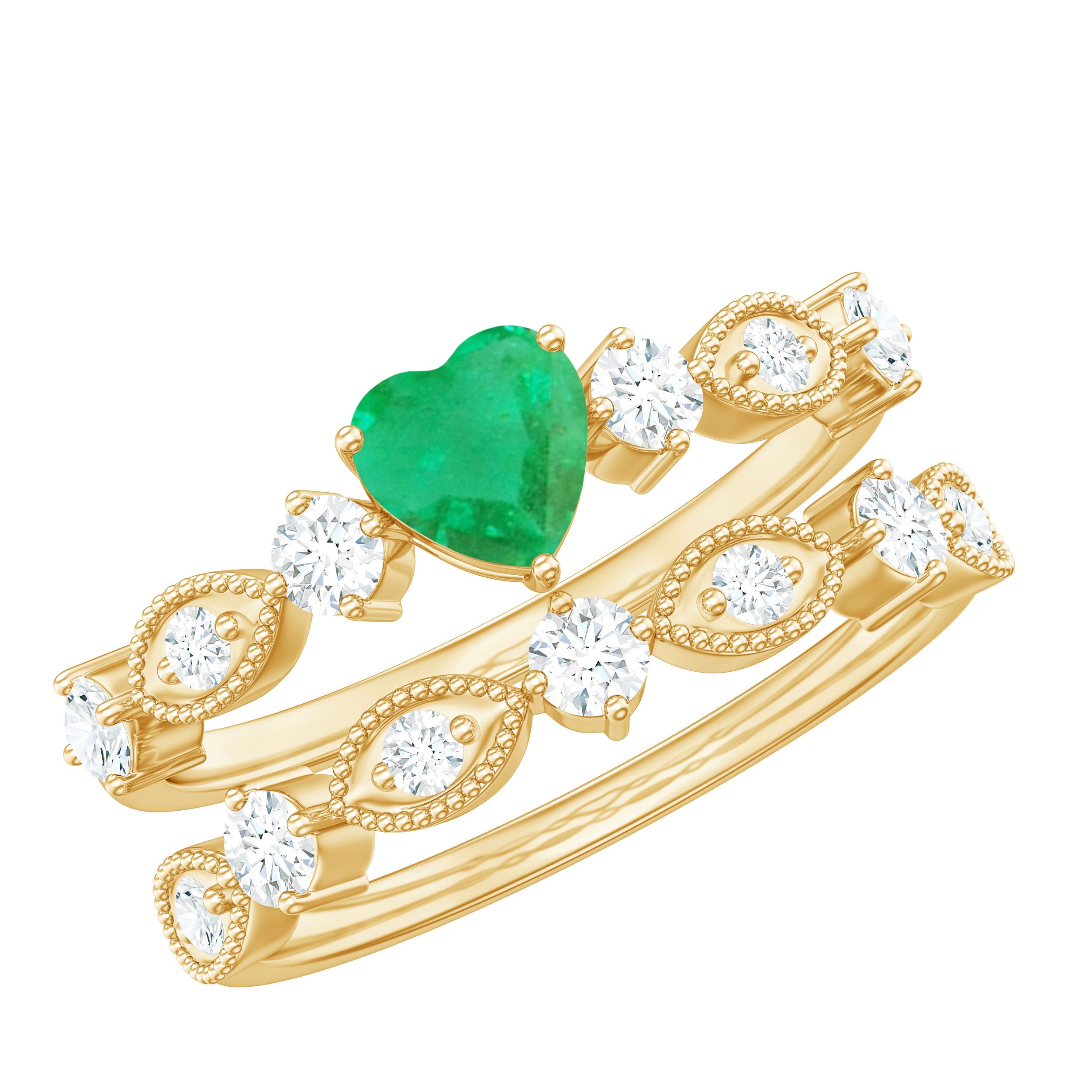 Emerald Heart Engagement Ring - Diamond Wedding Band Vintage Set with Beaded Detailing