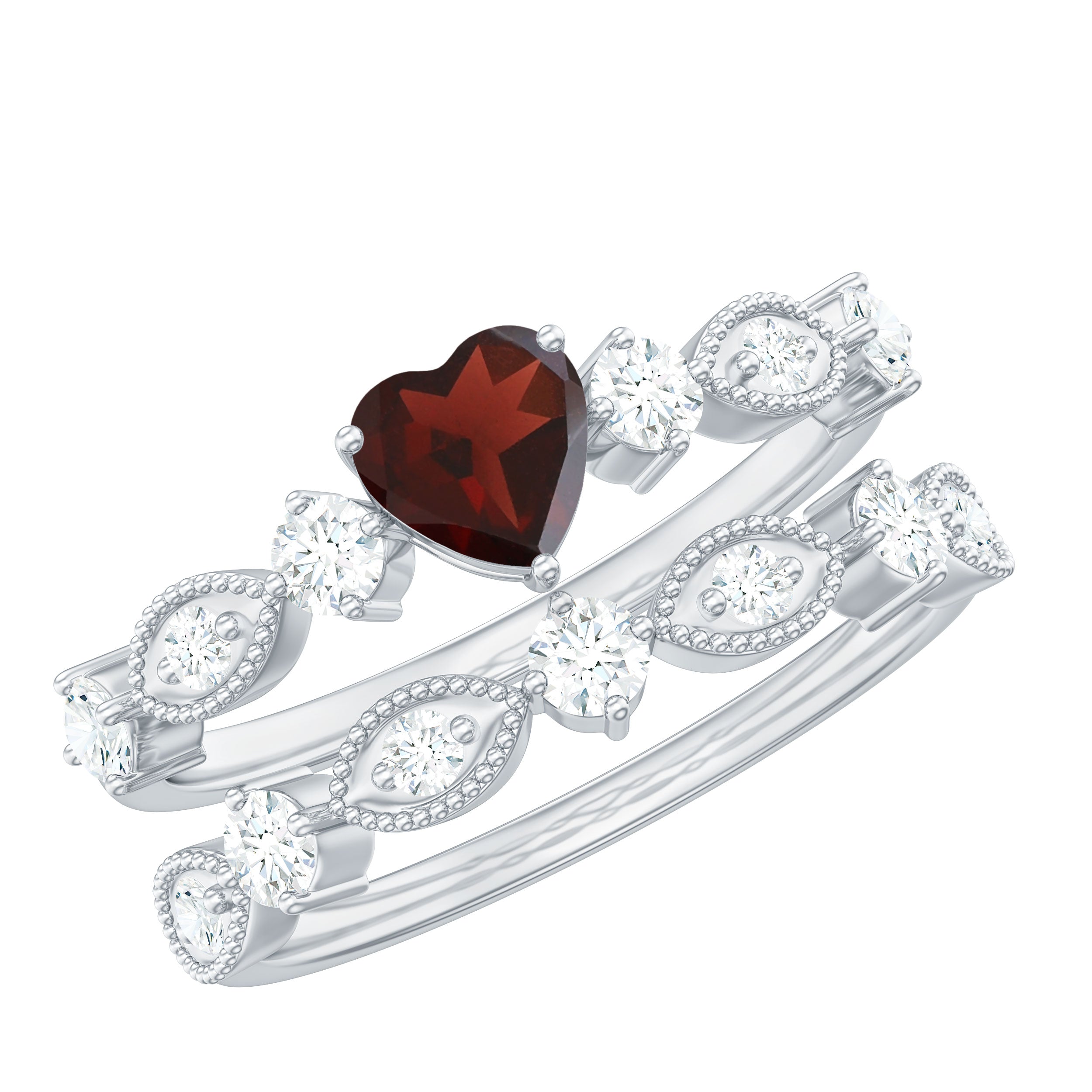 Garnet Heart Engagement Ring – 4 Carat Garnet Ring with Diamond Wedding Band Set