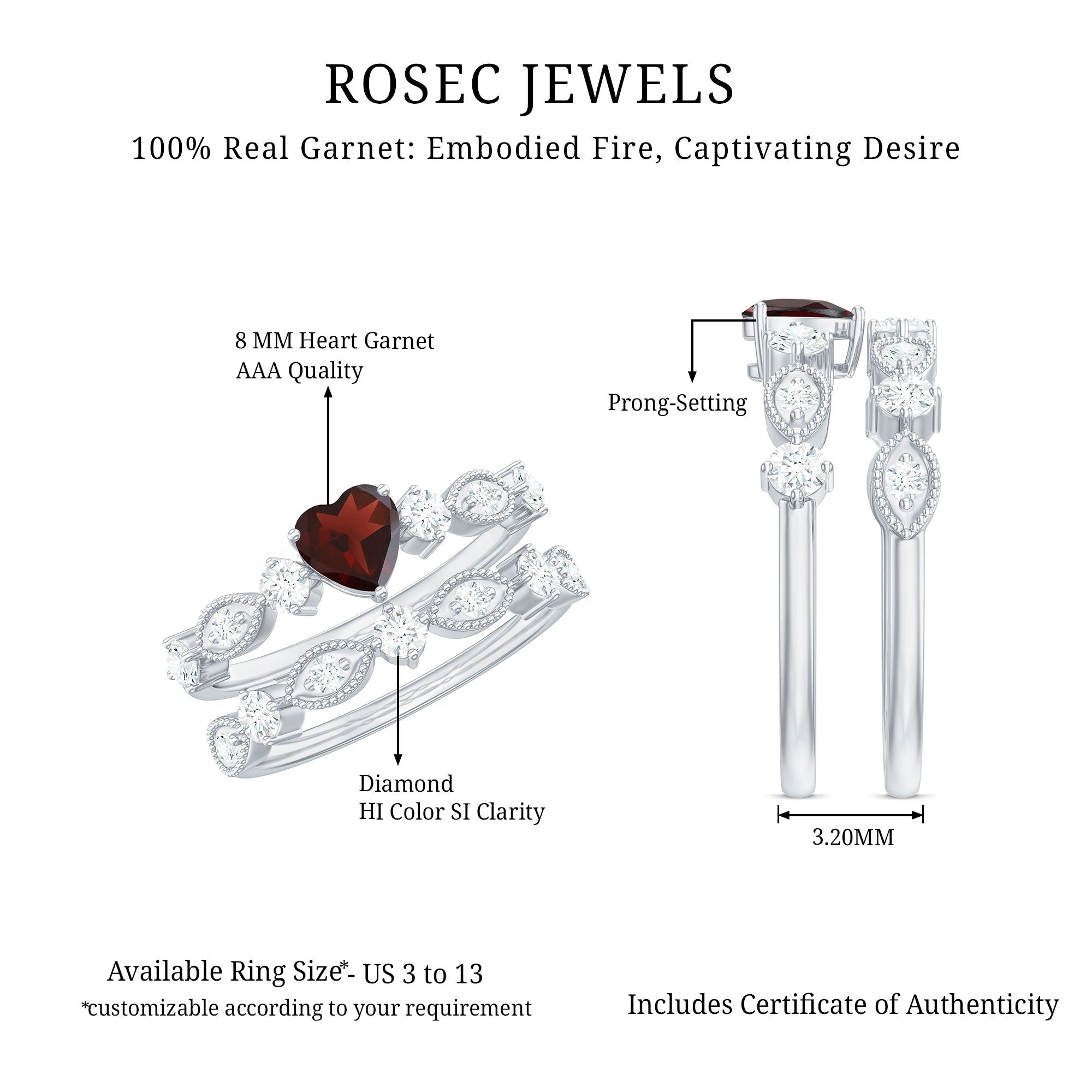 Garnet Heart Engagement Ring – 4 Carat Garnet Ring with Diamond Wedding Band Set