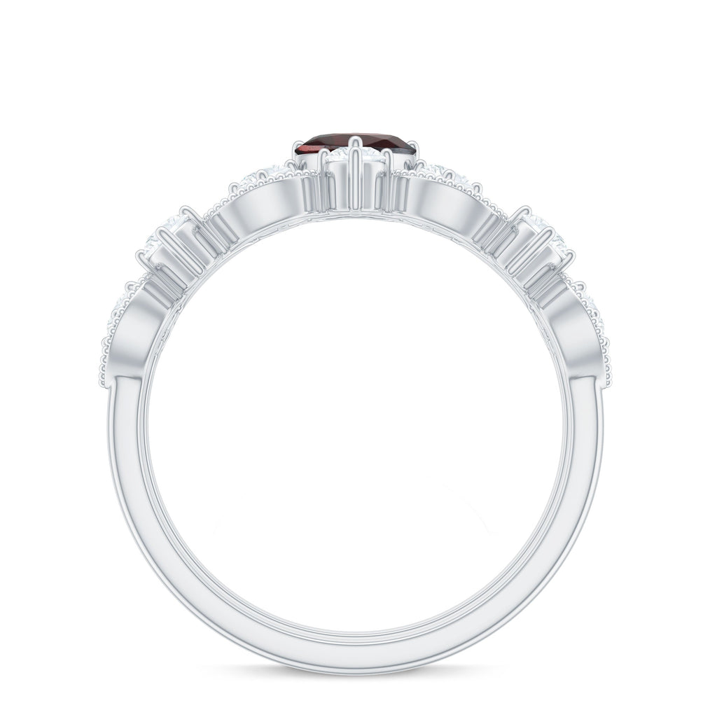 Garnet Heart Engagement Ring – 4 Carat Garnet Ring with Diamond Wedding Band Set