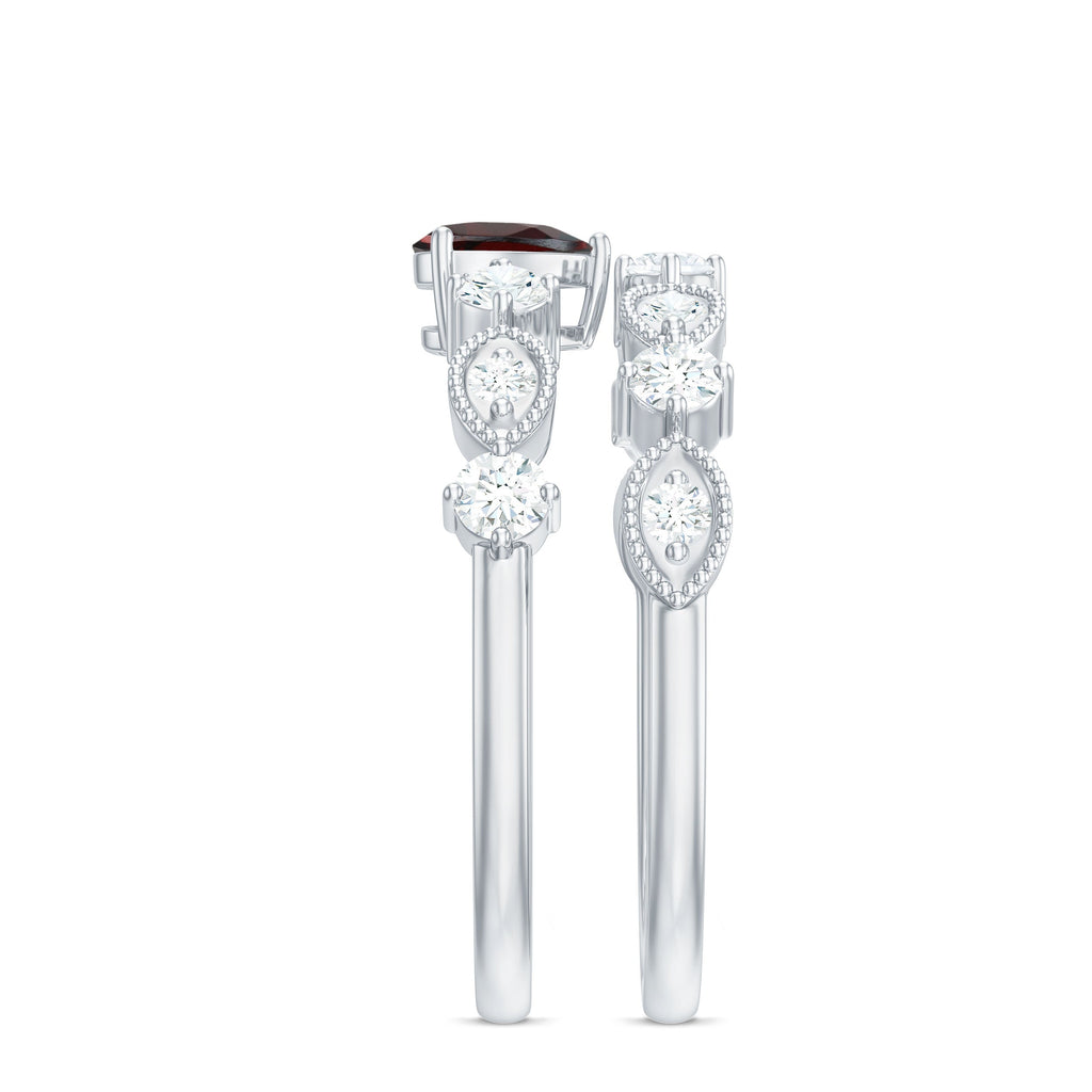 Garnet Heart Engagement Ring – 4 Carat Garnet Ring with Diamond Wedding Band Set