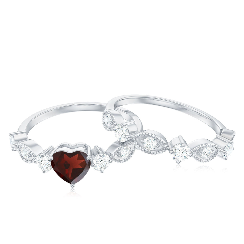 Garnet Heart Engagement Ring – 4 Carat Garnet Ring with Diamond Wedding Band Set