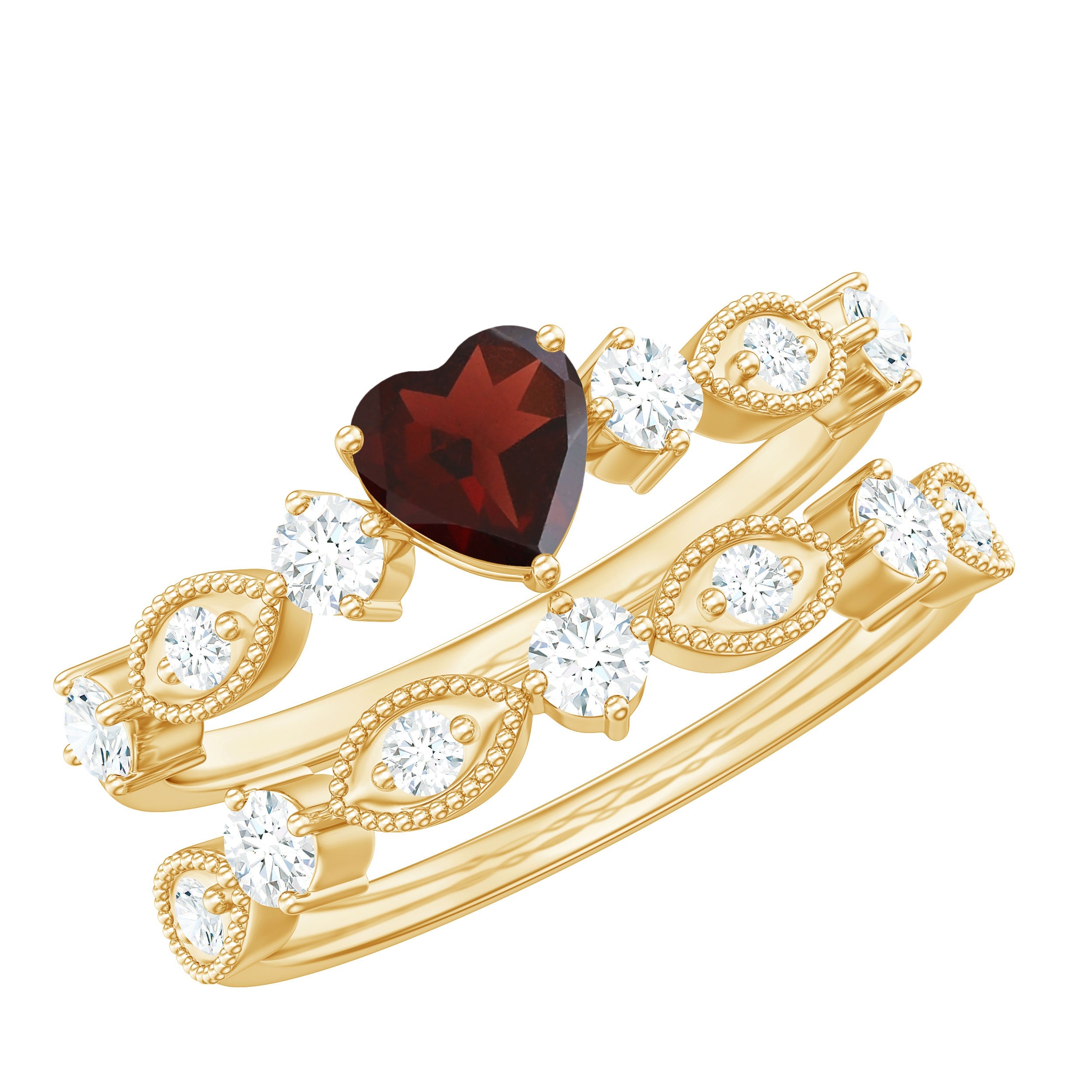 Garnet Heart Engagement Ring – 4 Carat Garnet Ring with Diamond Wedding Band Set