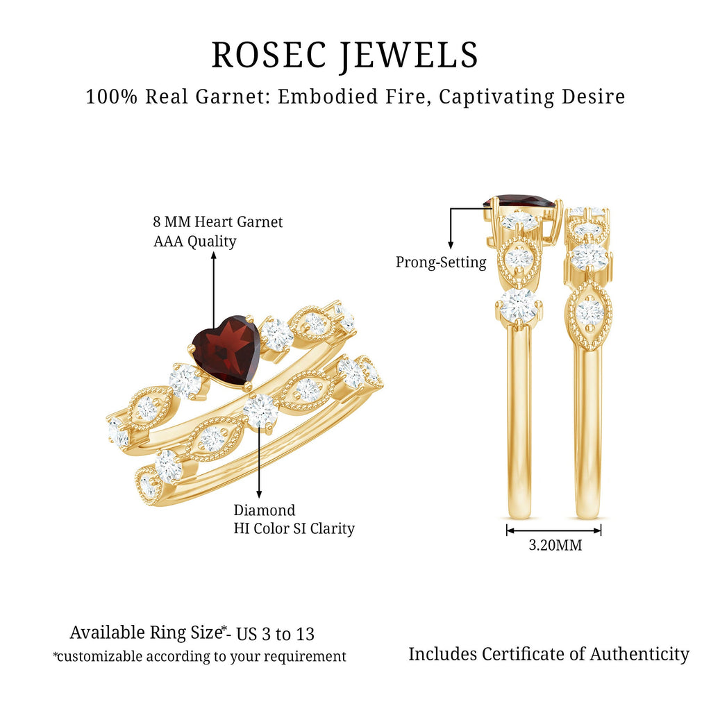 Garnet Heart Engagement Ring – 4 Carat Garnet Ring with Diamond Wedding Band Set