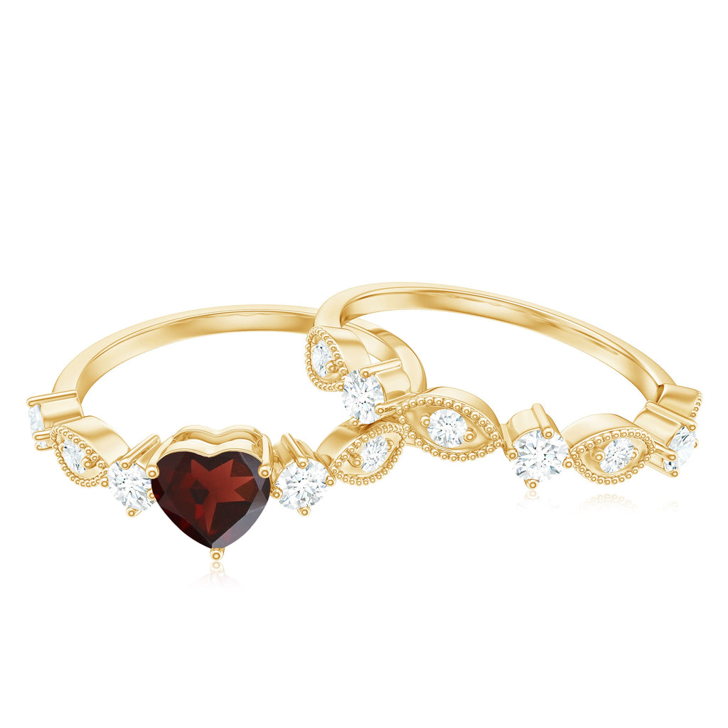 Garnet Heart Engagement Ring – 4 Carat Garnet Ring with Diamond Wedding Band Set