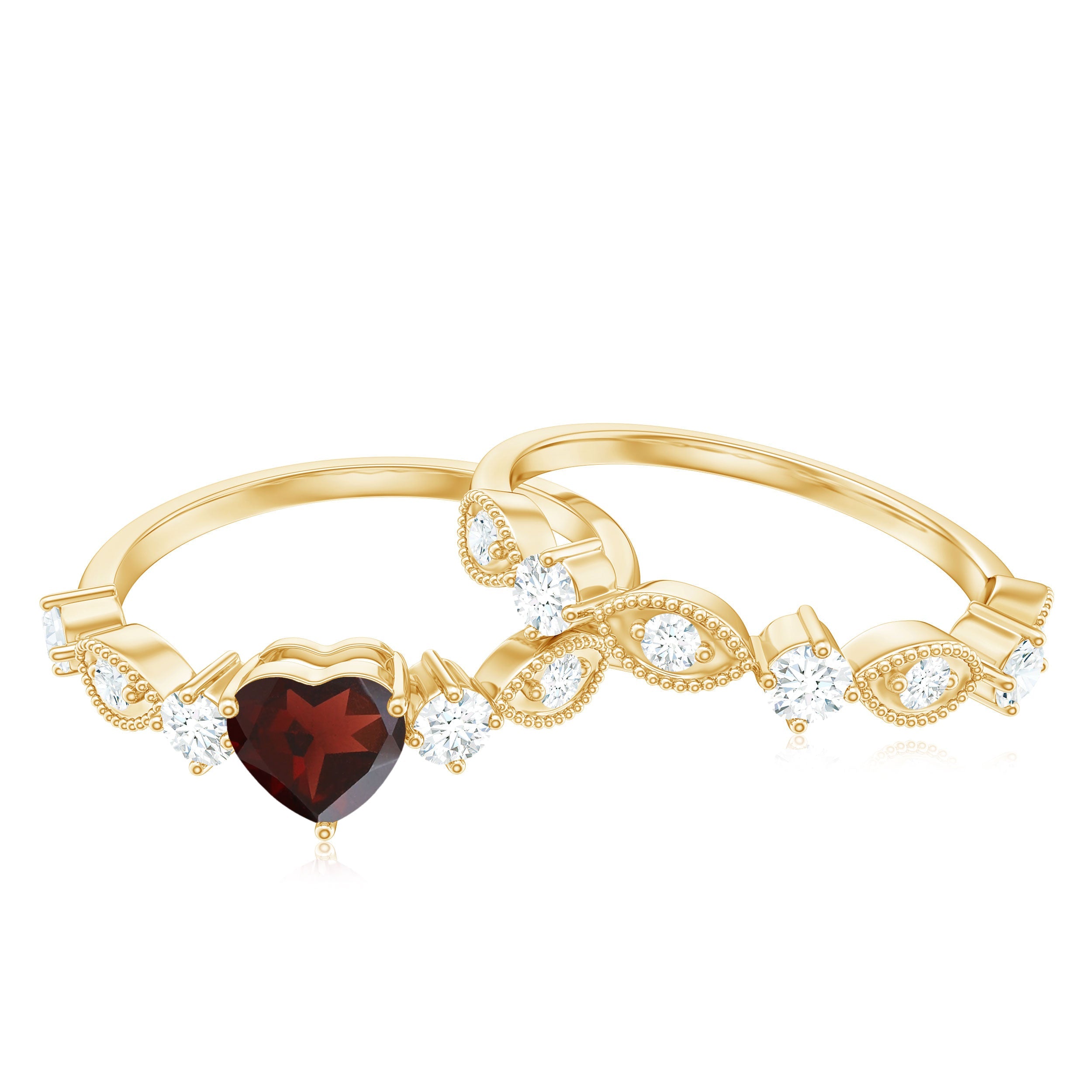 Garnet Heart Engagement Ring – 4 Carat Garnet Ring with Diamond Wedding Band Set