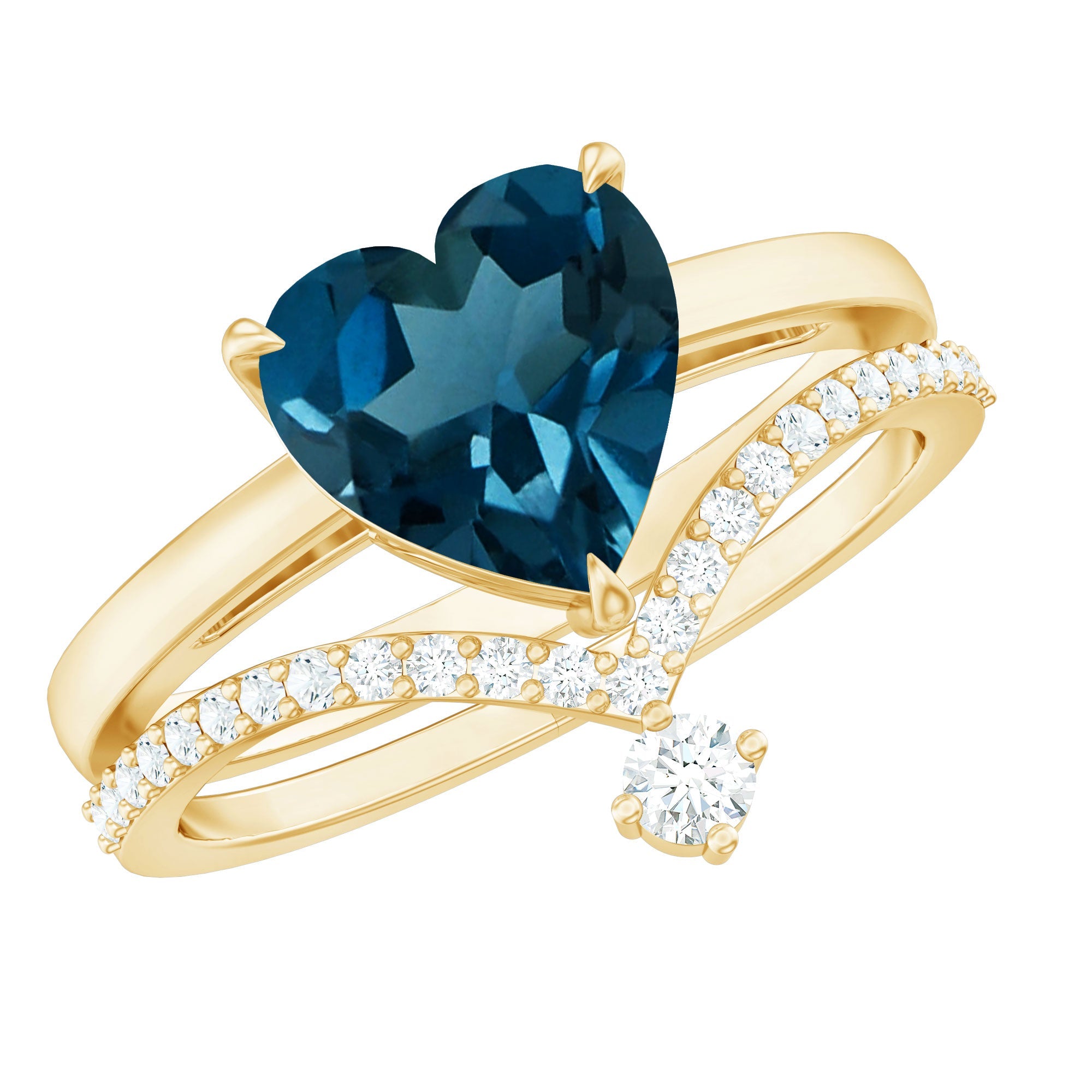 2 Carat Heart Shaped London Blue Topaz Solitaire Ring Set with Diamond Curved Band