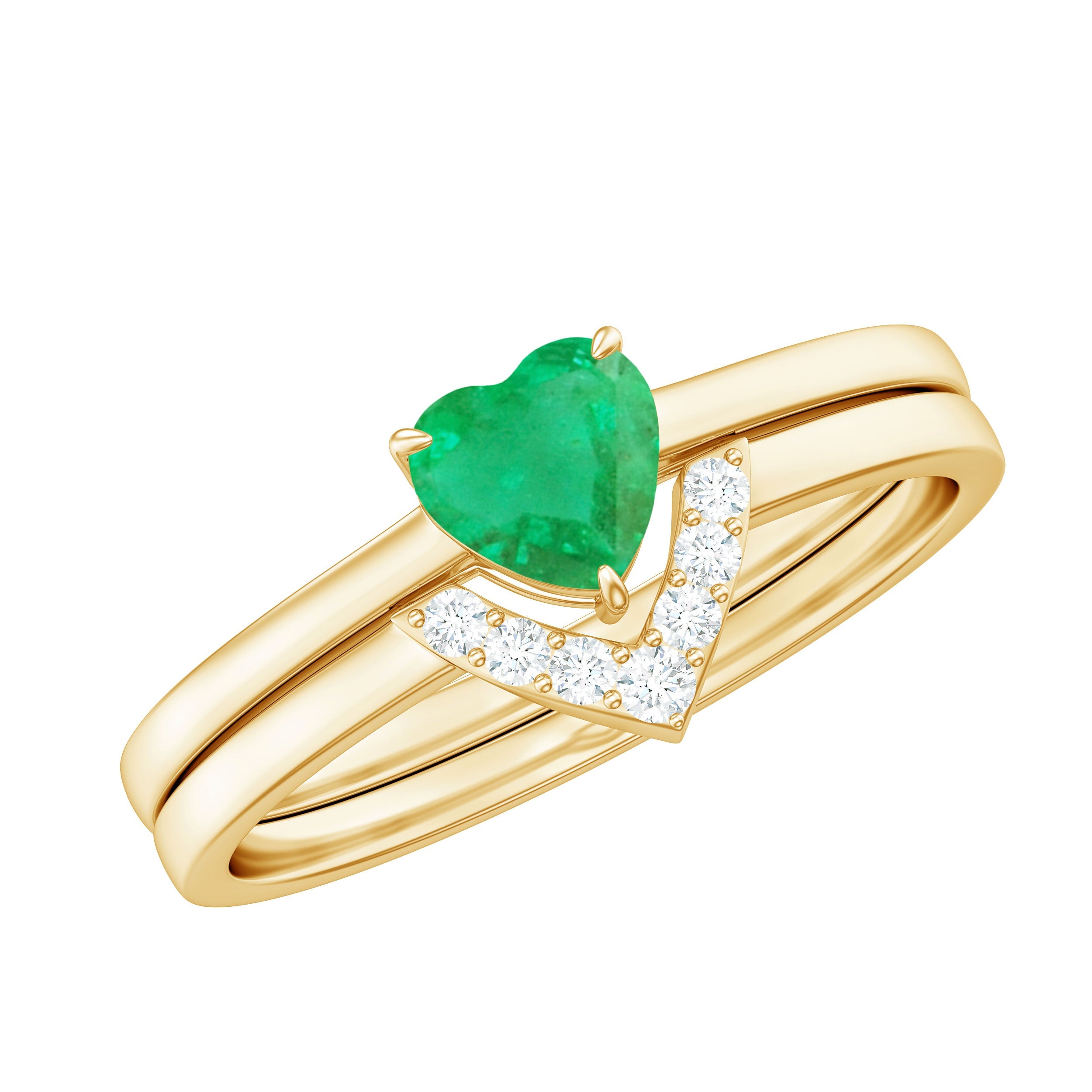 Emerald Diamond Wedding Ring - Heart Shape Solitaire Engagement Ring Set | V Shaped Band