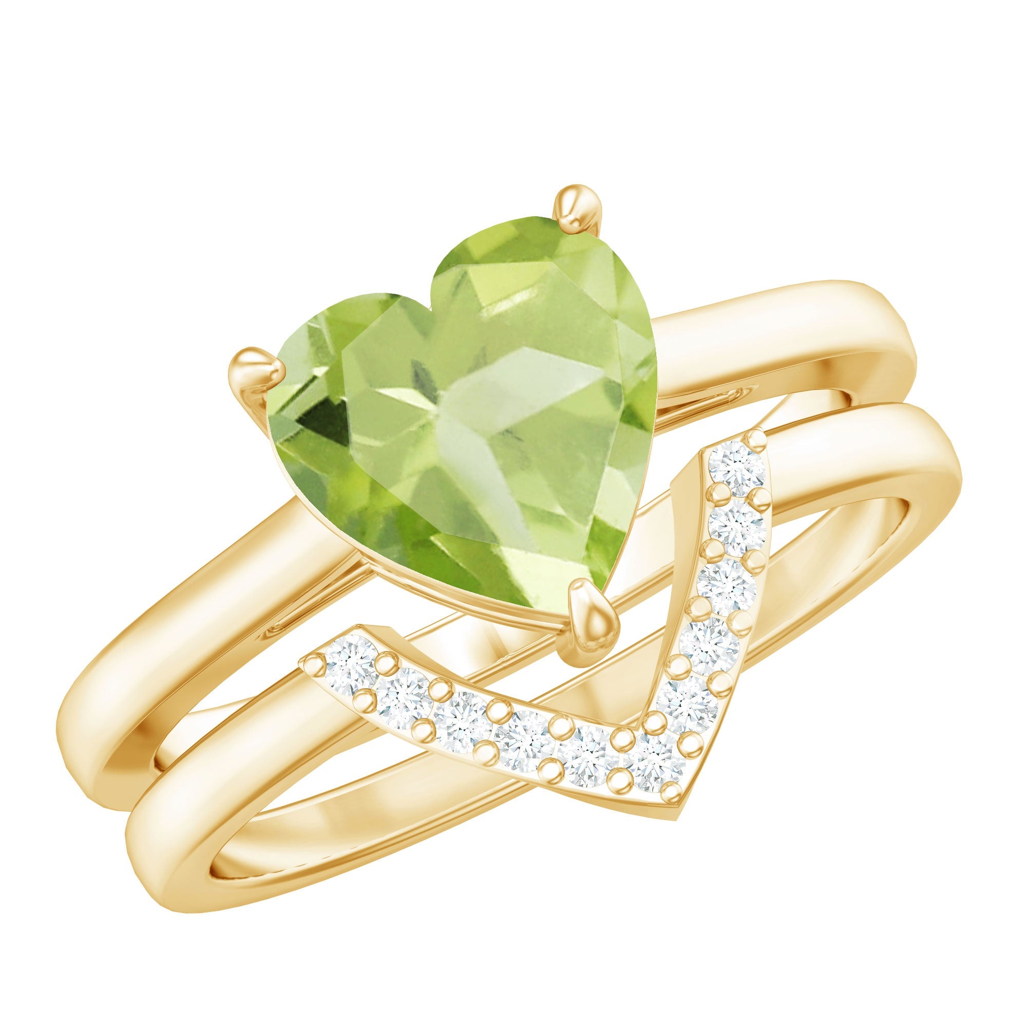 Heart Shape Peridot Ring - 2 Carat Solitaire Wedding Set with Diamond Band