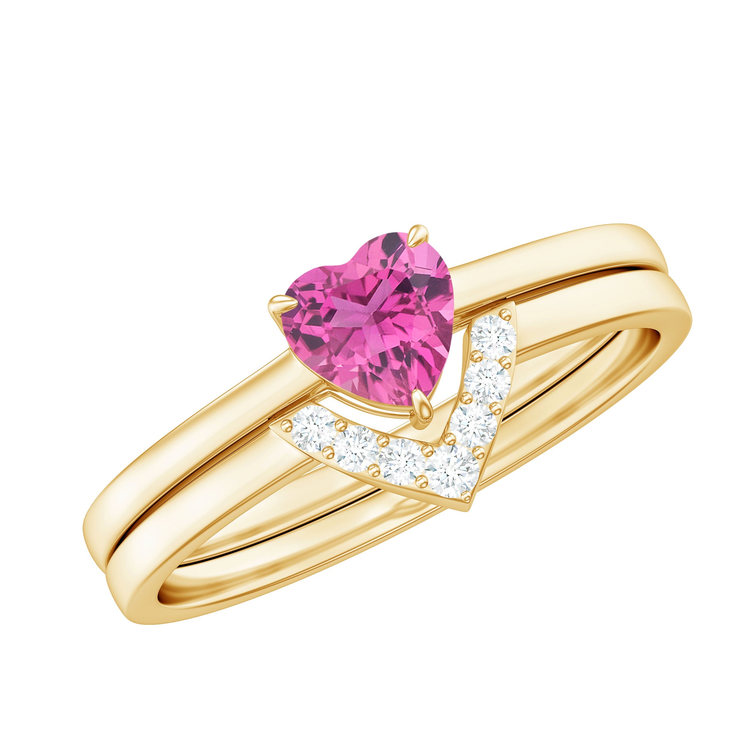 Pink Tourmaline Ring Heart Shaped Ring Set – Sparkling Diamond Band Claw Setting