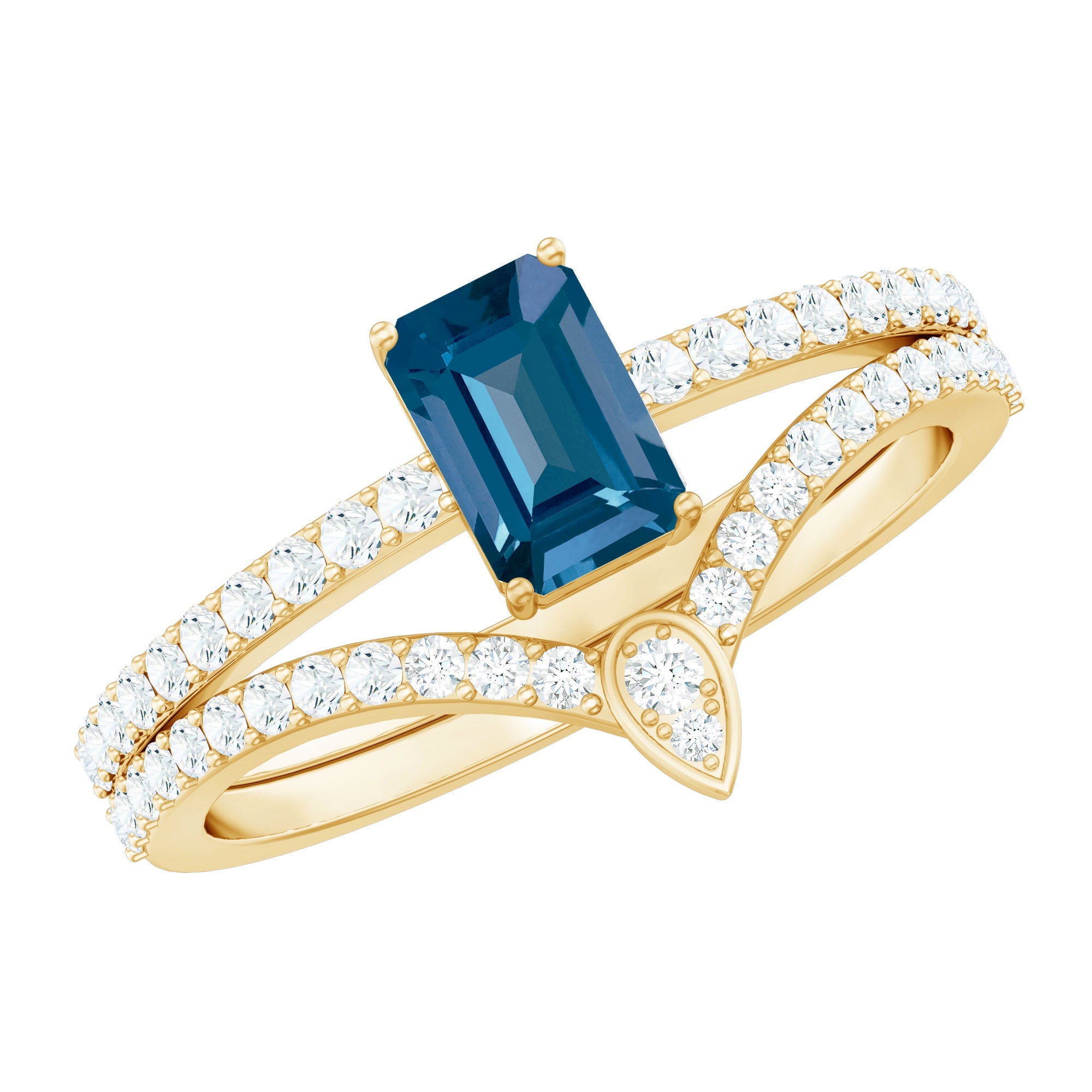 Genuine London Blue Topaz Emerald Cut Engagement Ring Set with Diamond Band