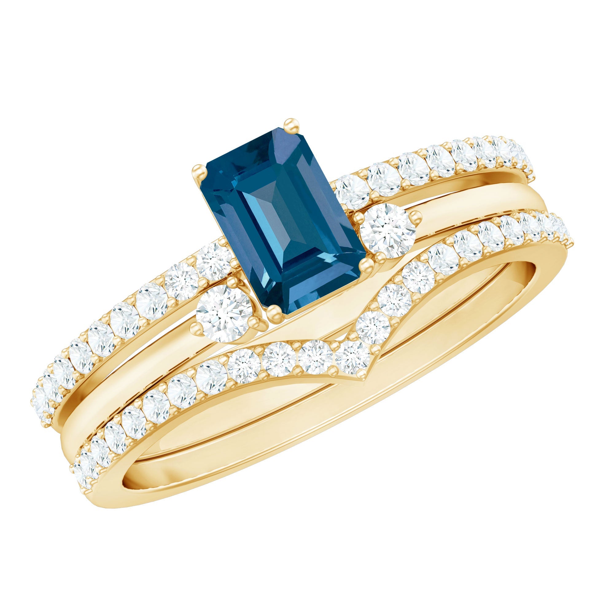 0.7 Carat Emerald Cut London Blue Topaz Curved Wedding Ring Set with Certificate