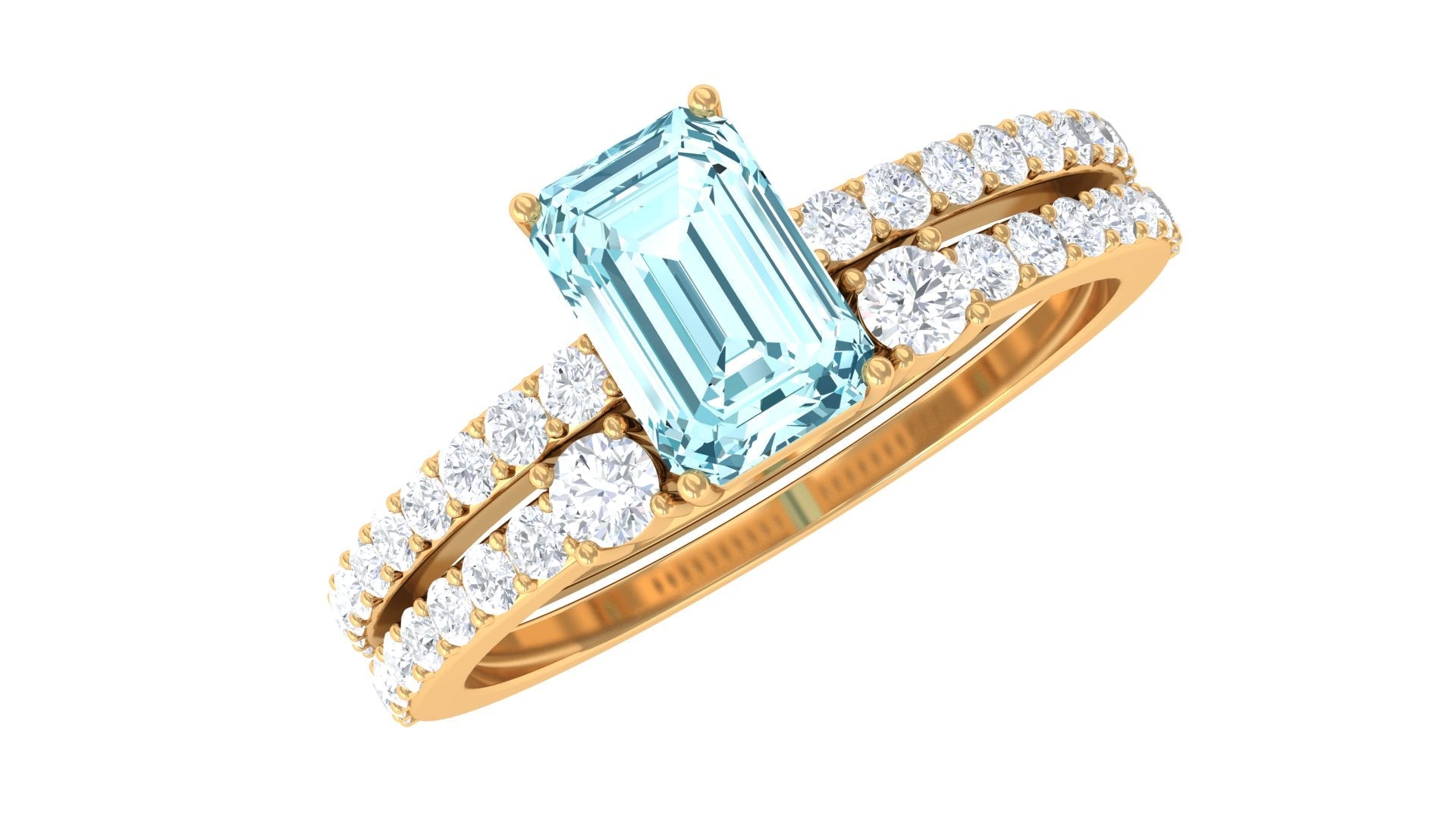 Aquamarine Bridal Ring – Emerald Cut Ring With Diamond Wedding Band Set Enhancer