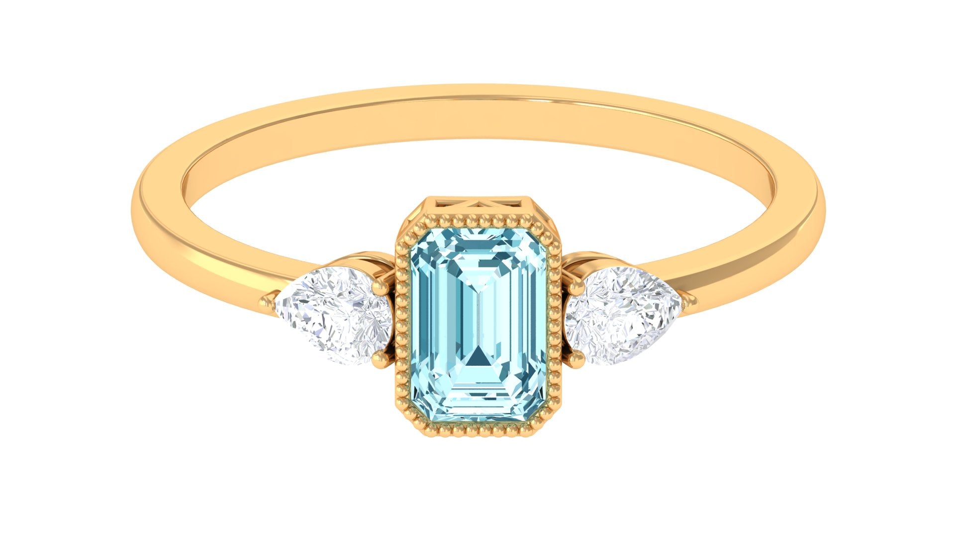 Aquamarine Engagement Ring – Three Stone Emerald Cut Bezel Setting Band