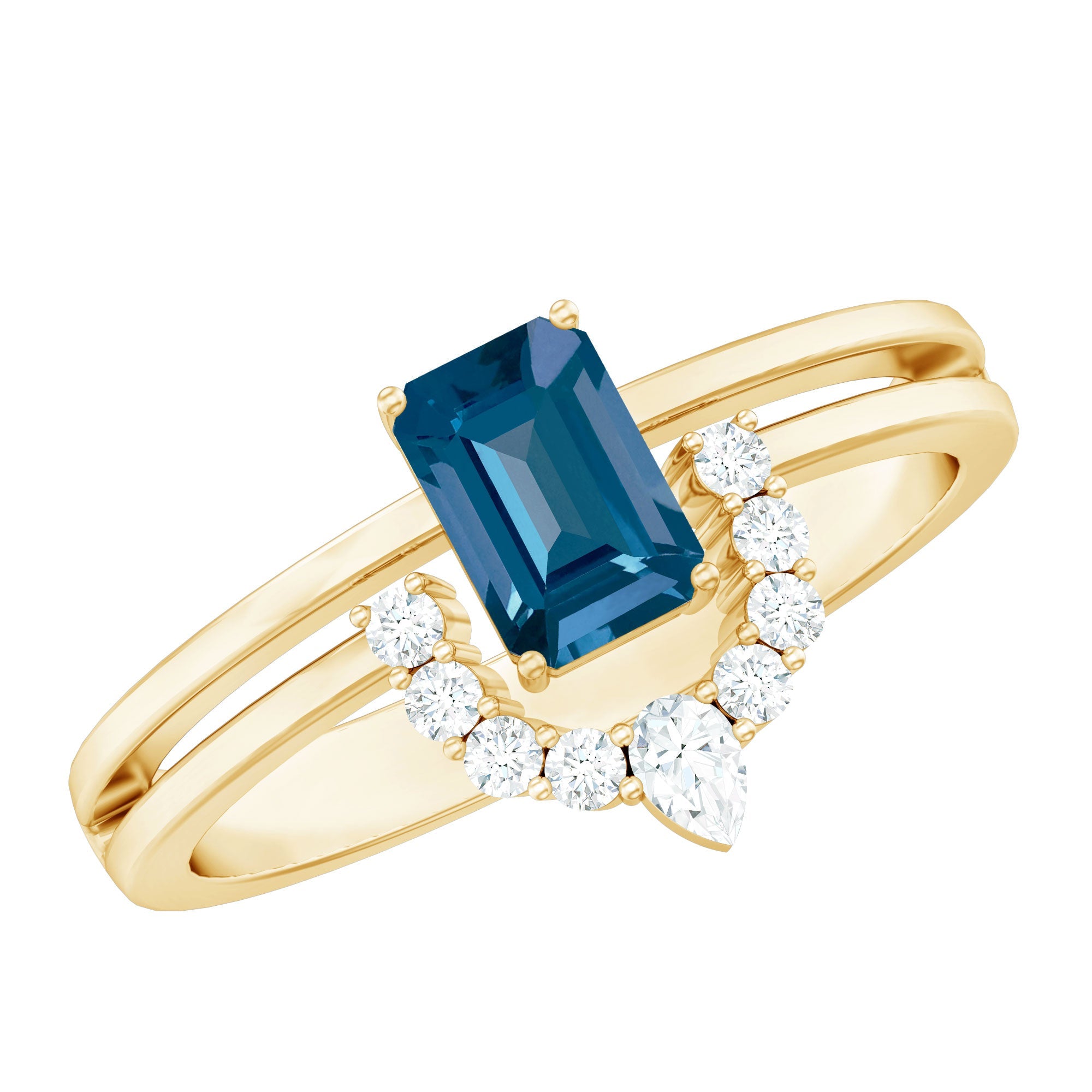 Emerald Cut London Blue Topaz Double Band Engagement Ring with Diamond