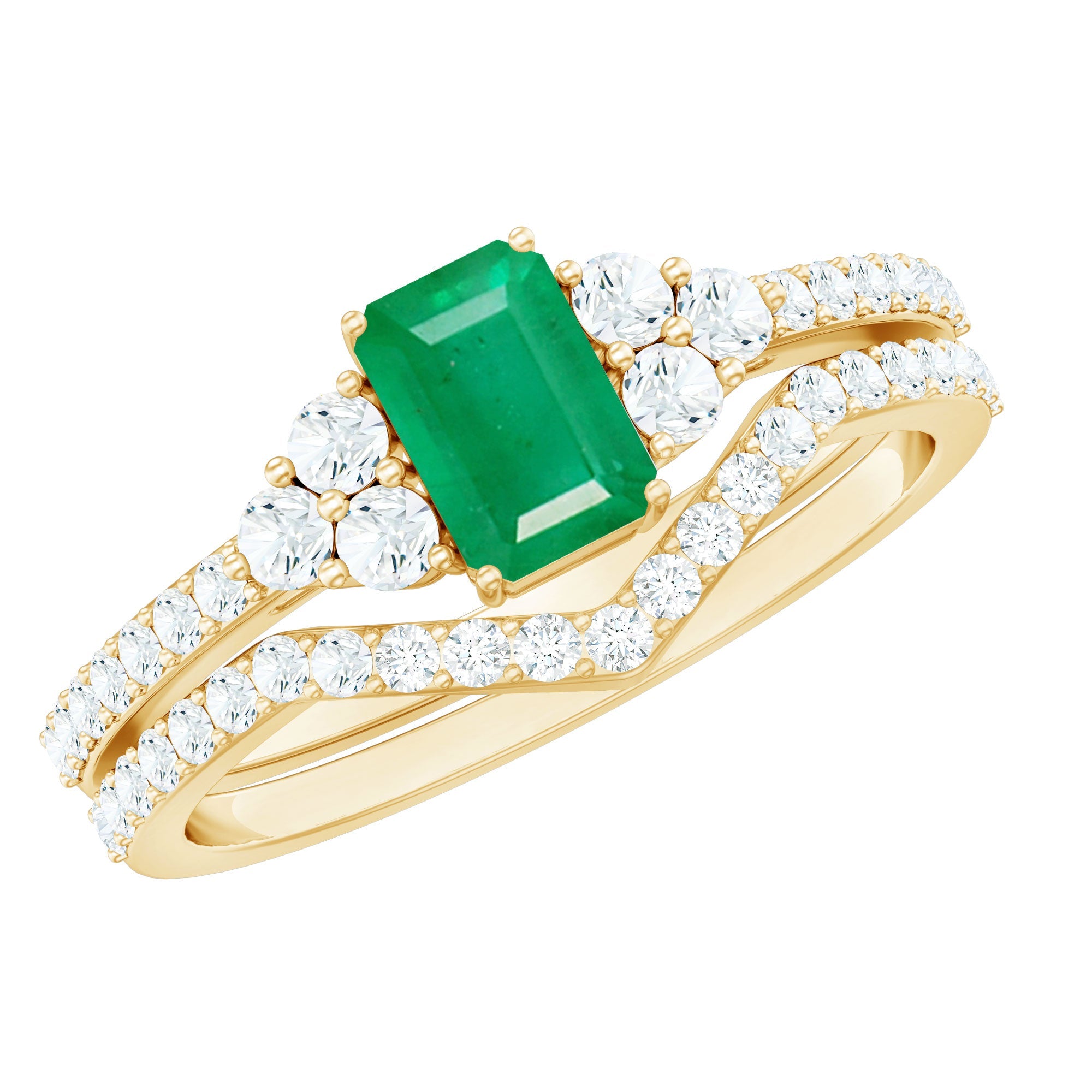 Emerald Diamond Bridal Ring – Solitaire Emerald Cut & V Shaped Diamond Wedding Band Set