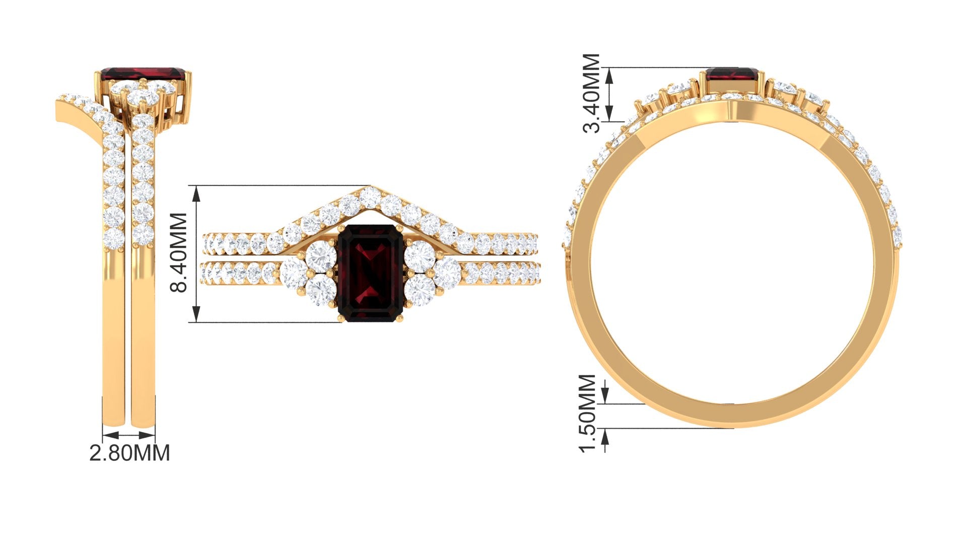 Natural Garnet Diamond Emerald Cut Engagement Wedding Ring Set