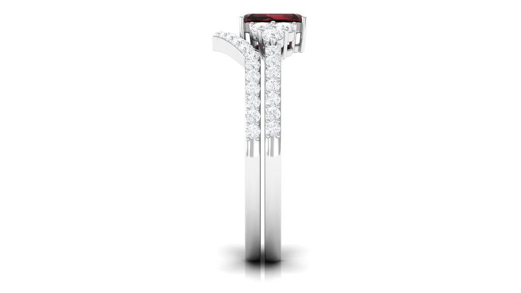 Natural Garnet Diamond Emerald Cut Engagement Wedding Ring Set