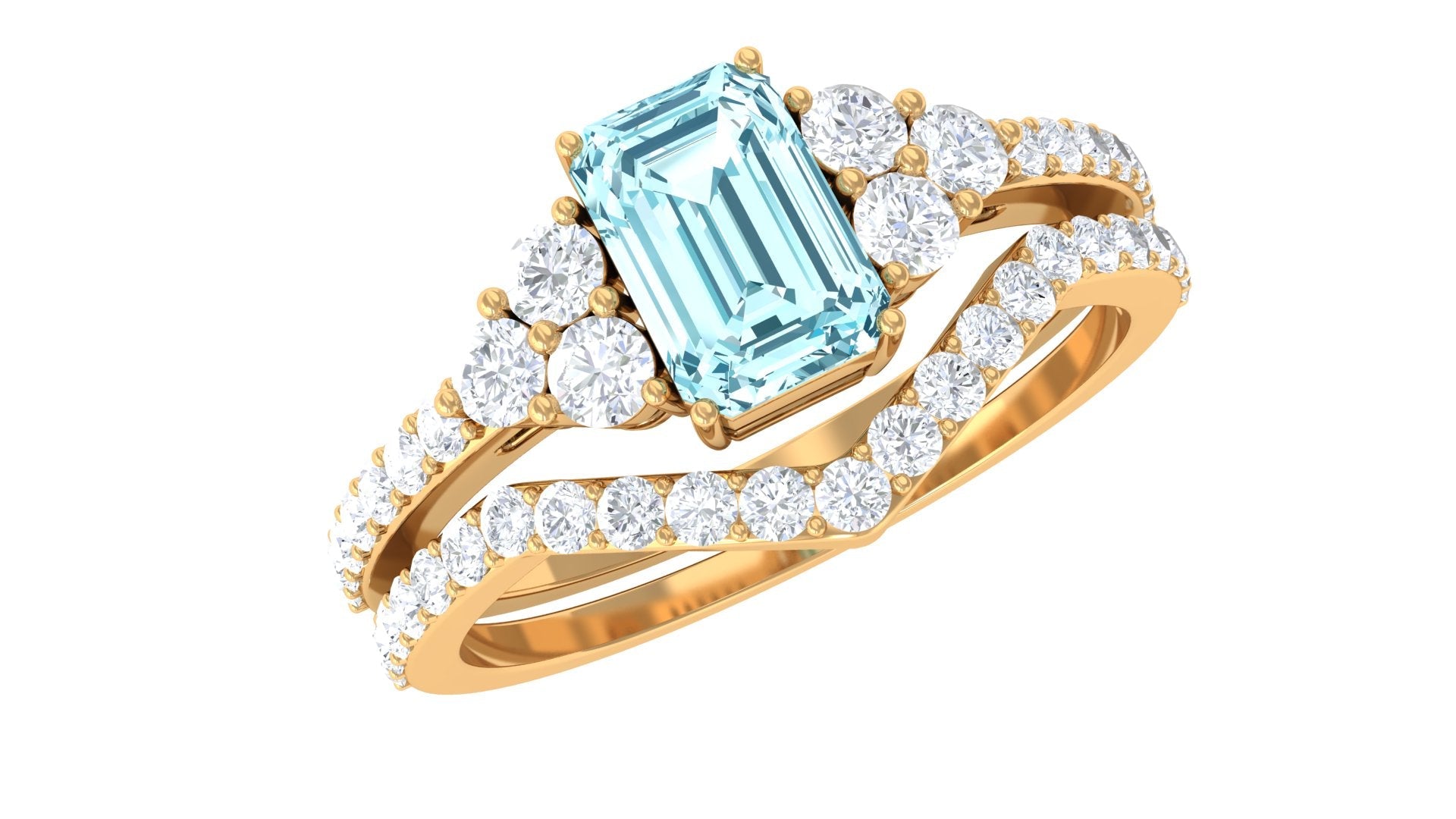 Aquamarine Wedding Ring – Emerald Cut Blue Gemstone with Round Cut Diamonds