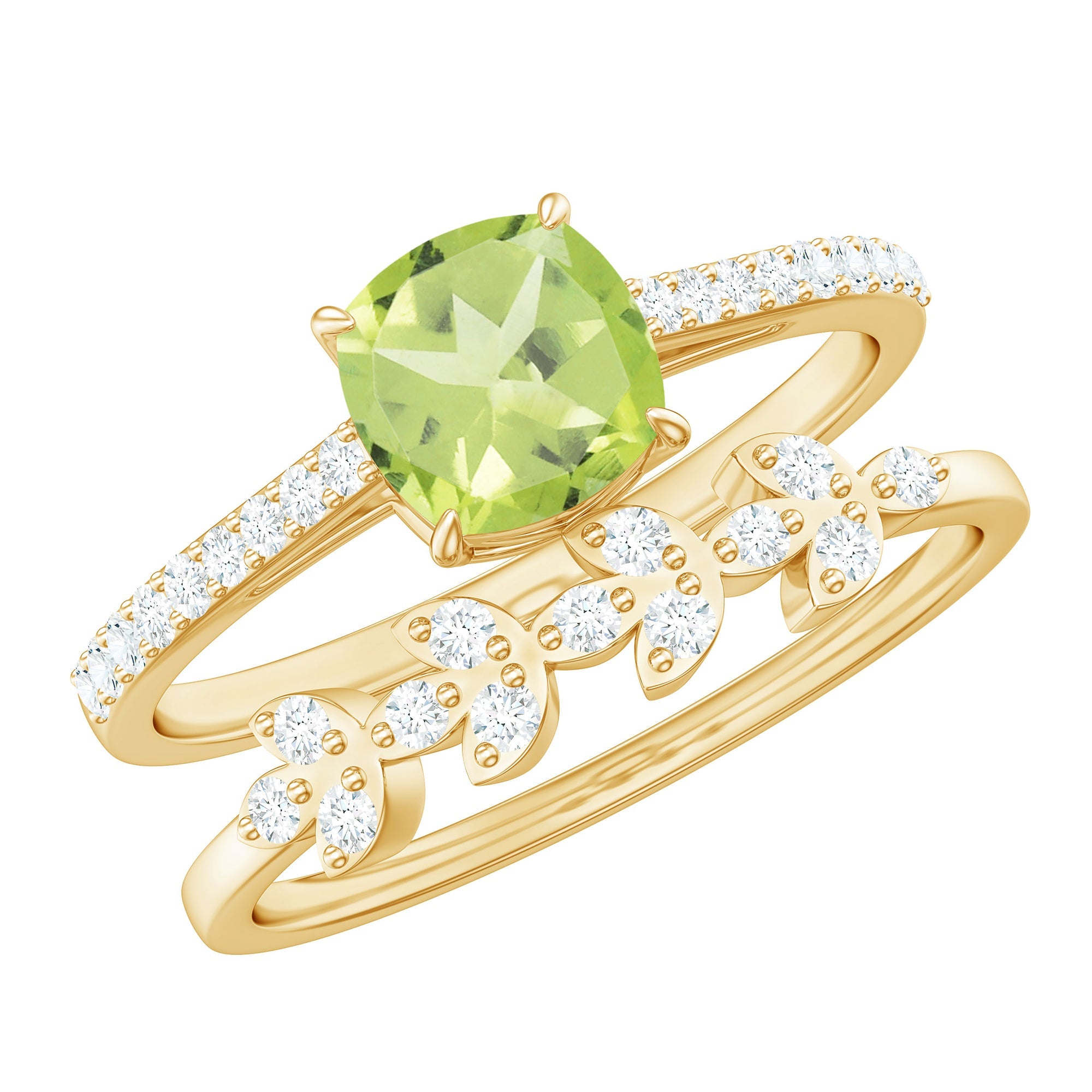 Peridot Engagement Ring – 2 Carat Cushion Cut Green Gemstone Ring with Diamond Enhancer Band
