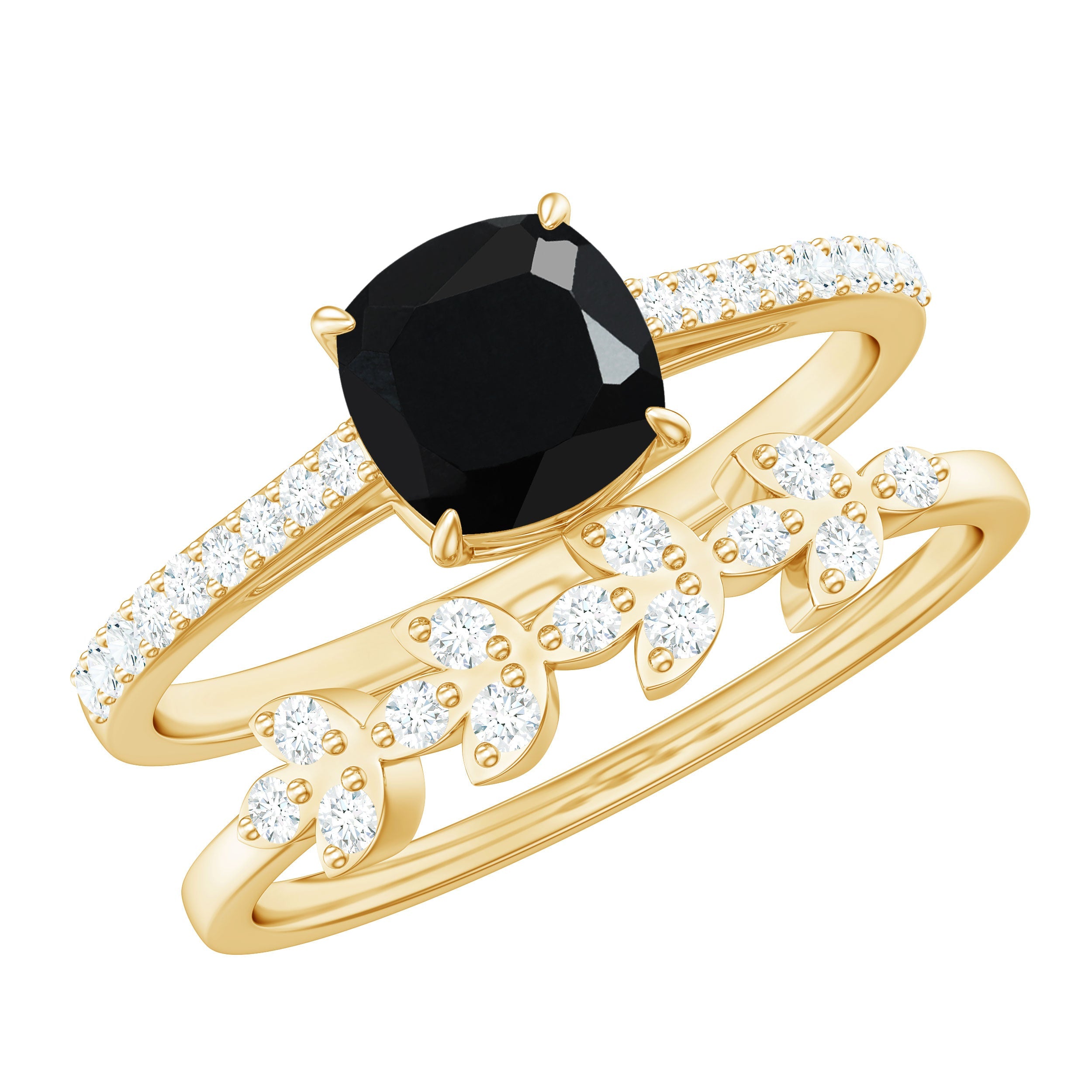 Natural 2 Carat Black Spinel Diamond Cushion Cut Engagement Ring with Enhancer