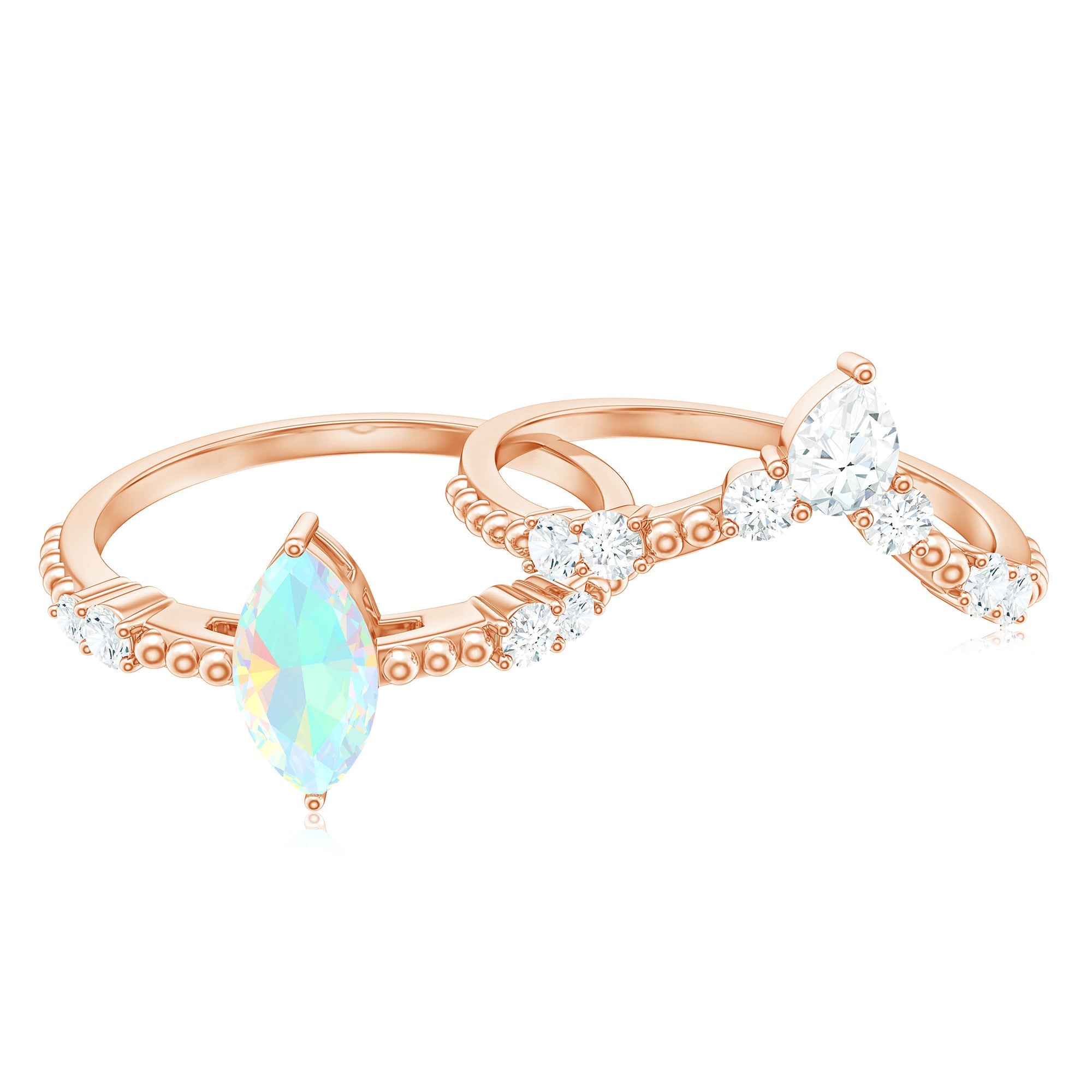 Certified Real Ethiopian Opal Marquise Engagement Wedding Ring Set of 2