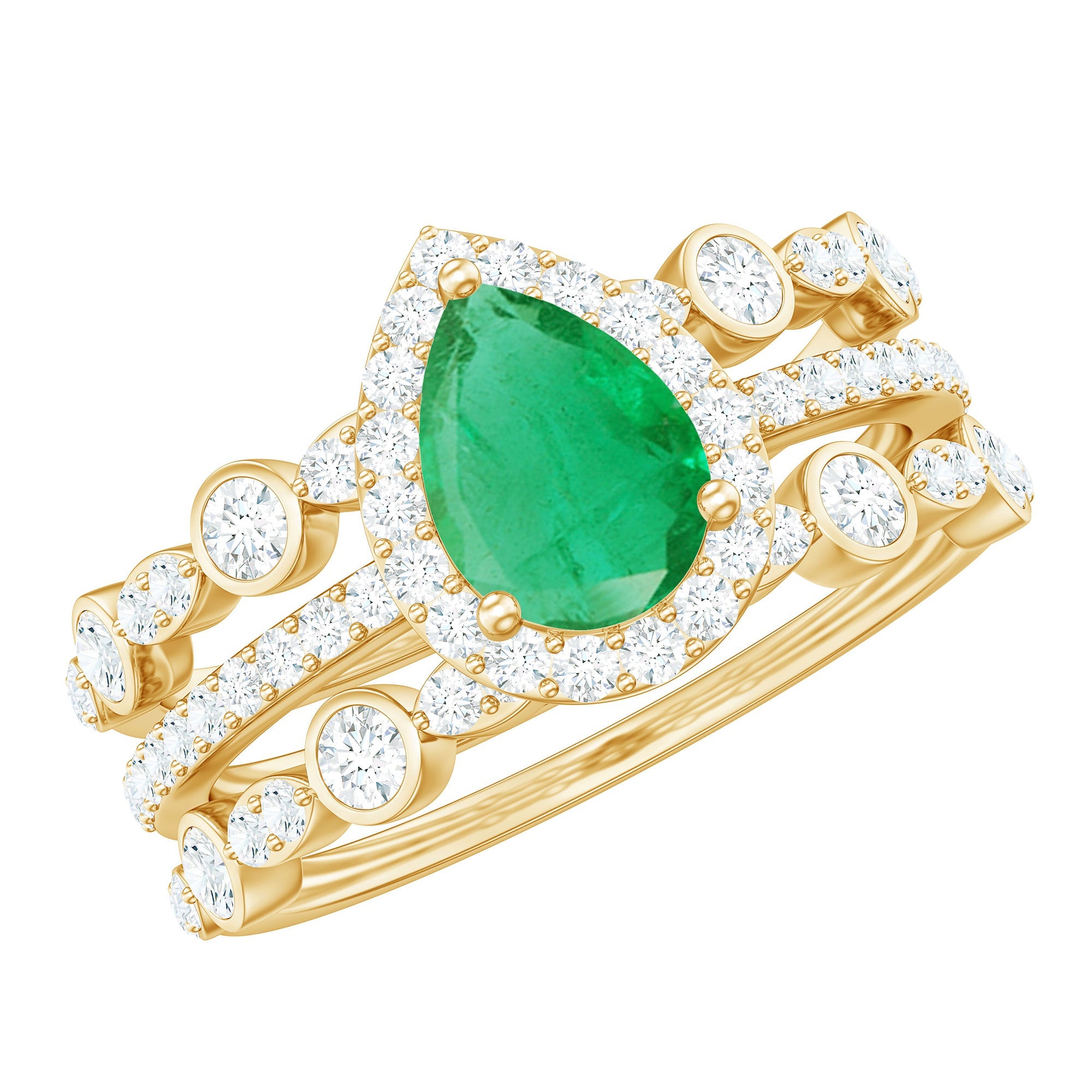Emerald Engagement Ring – Natural 0.6 Ct Pear Shaped Teardrop Set with Wedding Bands