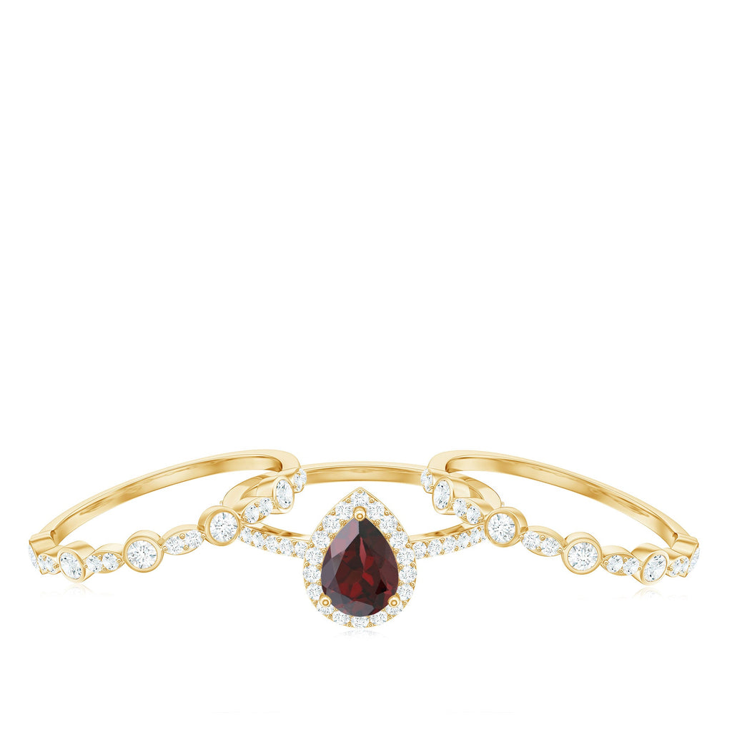 Real 5X7mm Pear Shape Garnet 3 Piece Wedding Ring Set