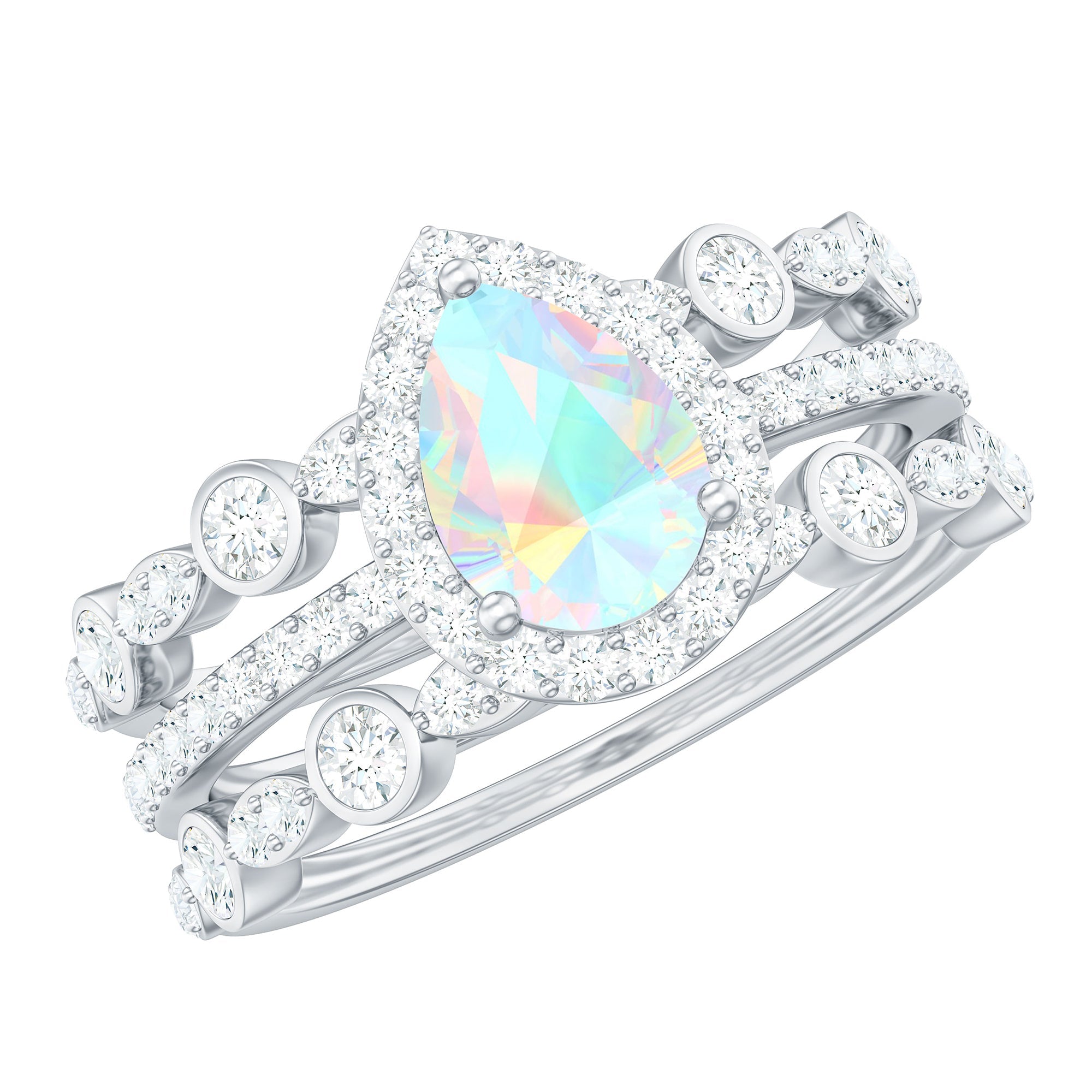 Genuine Vintage Style Opalescent Teardrop Engagement Wedding Ring Set of 3