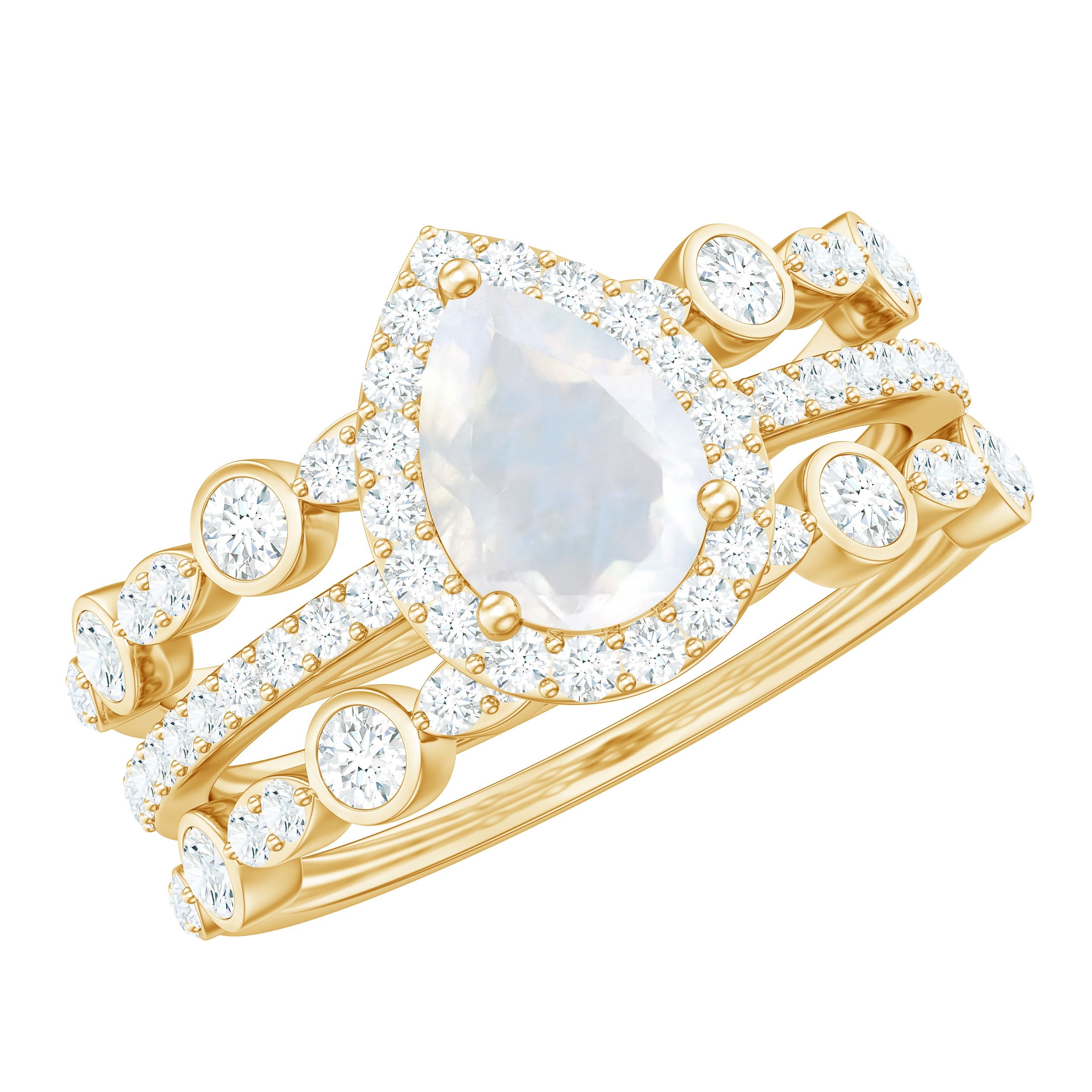 Moonstone Bridal Ring Pear Cut Trio Set – Elegant Moissanite Wedding Bands AAA Quality