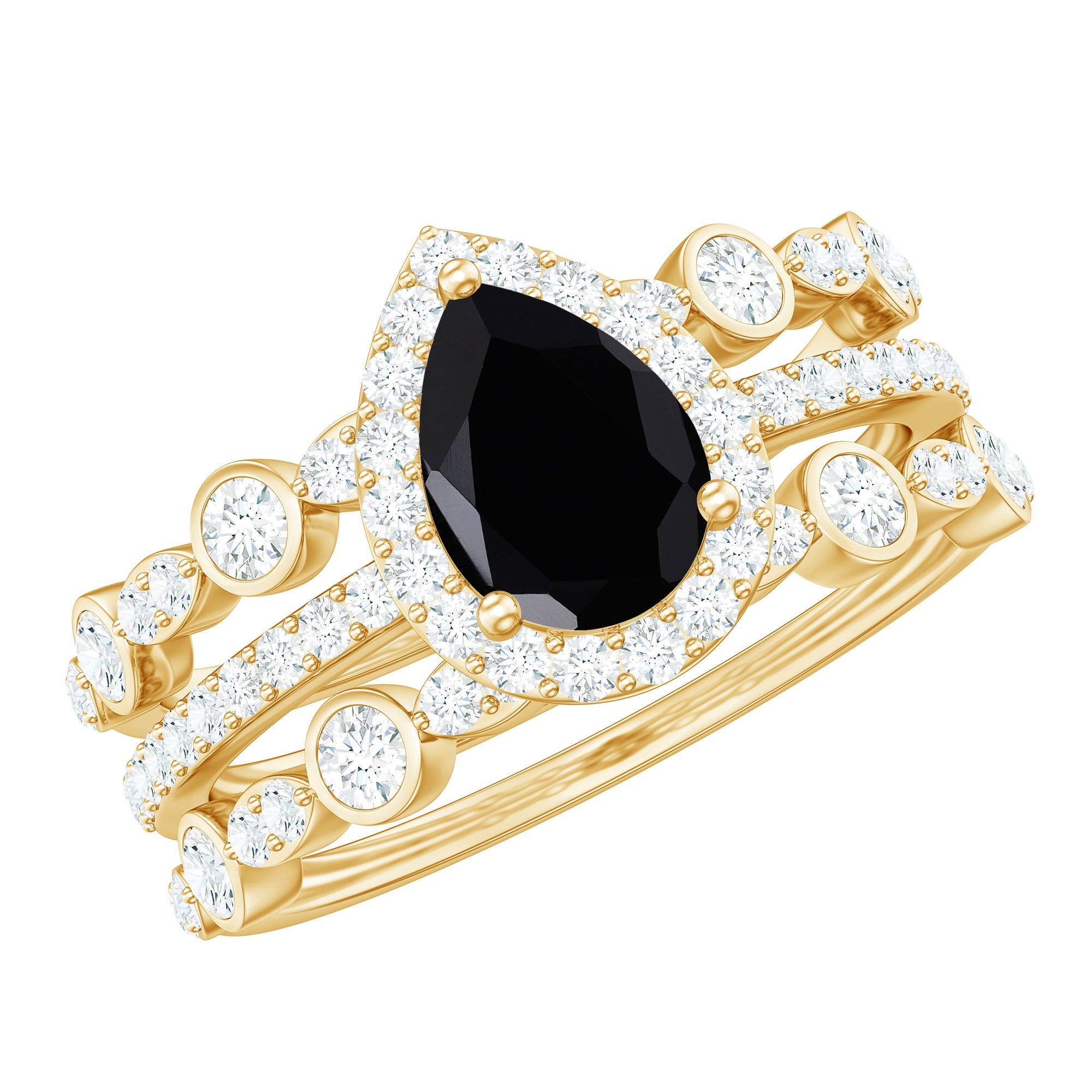 1 Carat Pear Cut Black Onyx Statement Ring Set with Moissanite Bands