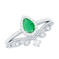 Vintage Looking Emerald Diamond Designer Engagement Wedding Ring Set