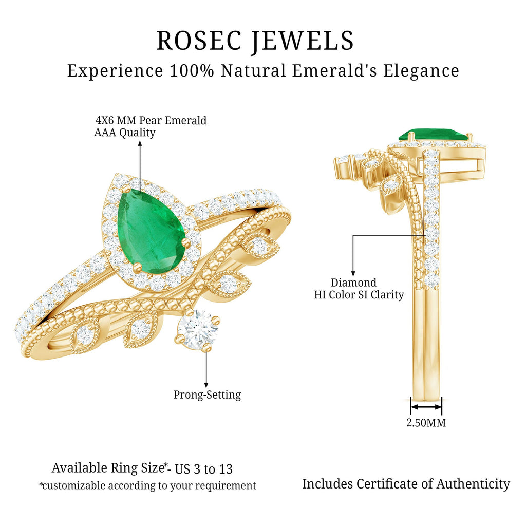 Vintage Looking Emerald Diamond Designer Engagement Wedding Ring Set