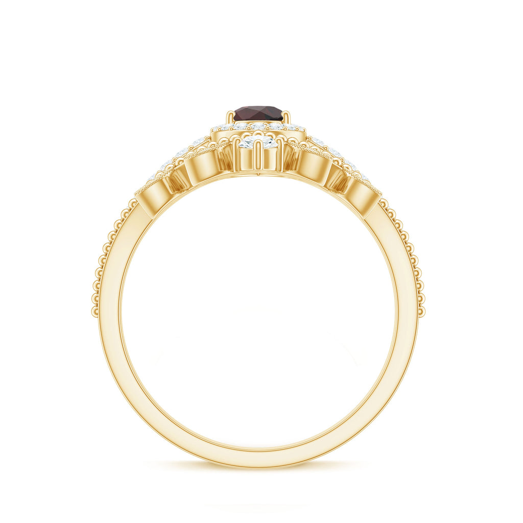 Natural Garnet Diamond Vintage Wedding Bridal Ring Set