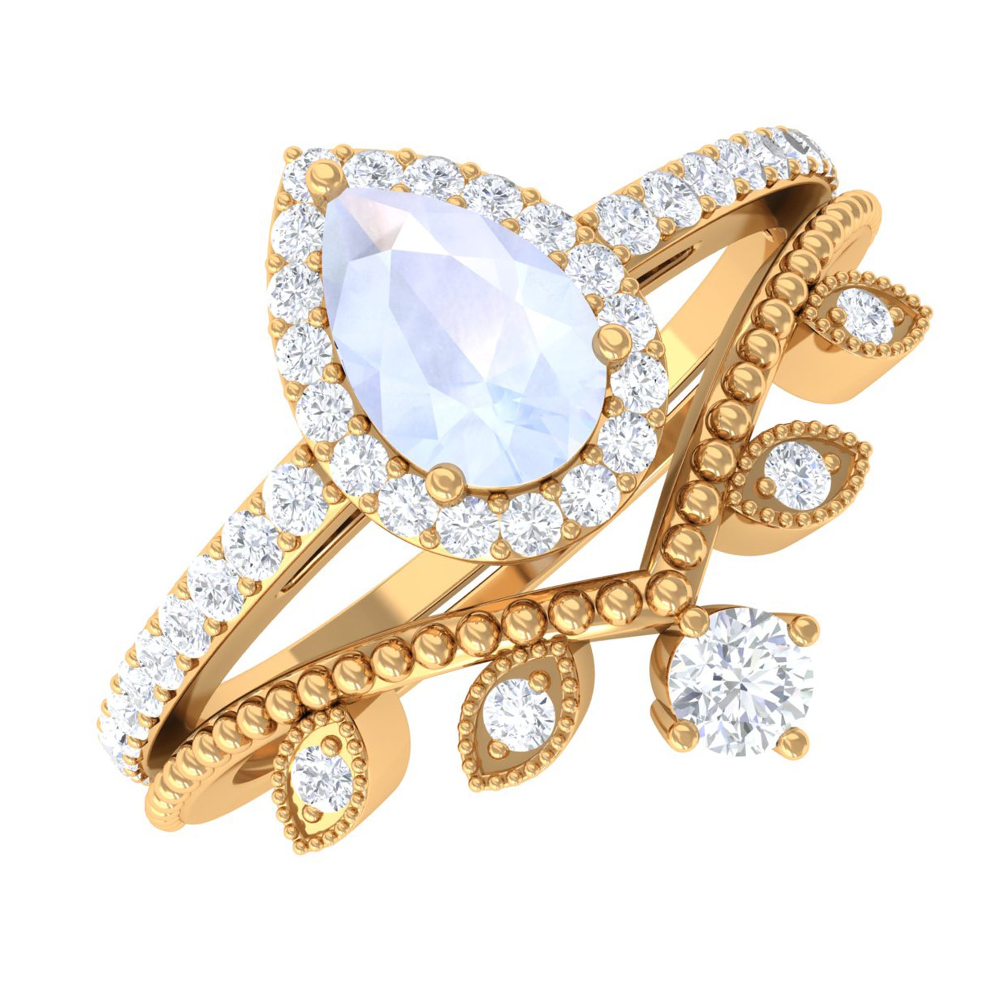 Moonstone Wedding Ring - Vintage Teardrop Ring Set With Diamond Band