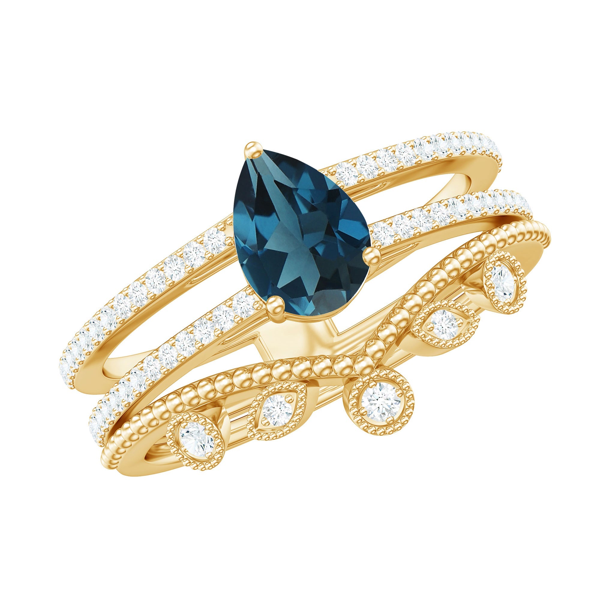 Pear London Blue Topaz Double Band Engagement Ring with Diamond Enhancer
