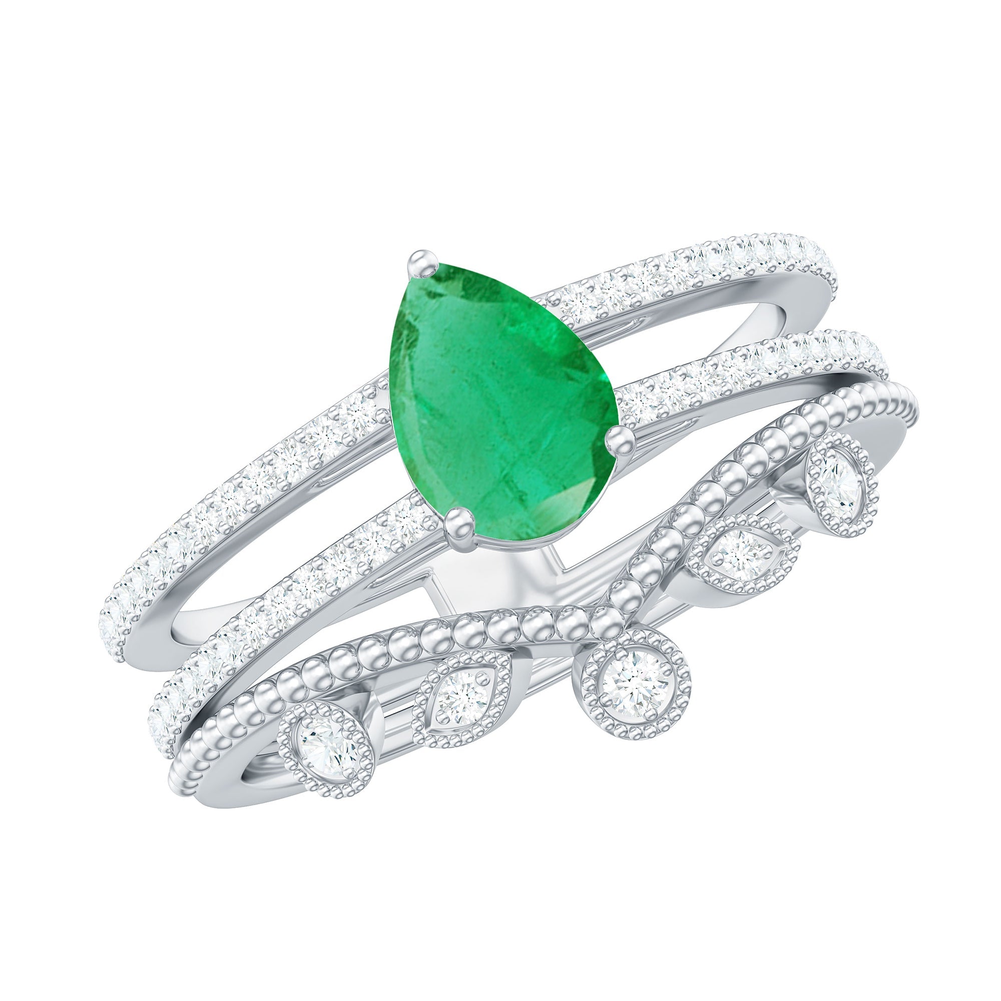 Vintage Style Emerald Diamond Wedding Bridal Ring Set