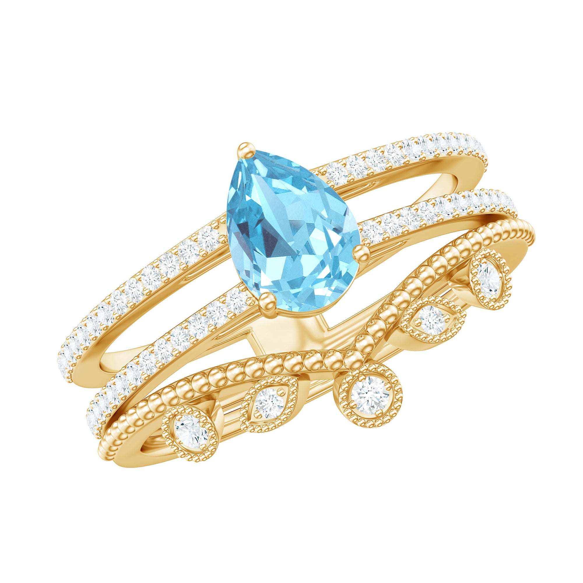 Aquamarine Engagement Ring – Pear Cut Aquamarine Teardrop Ring Set with Lab Grown Diamonds