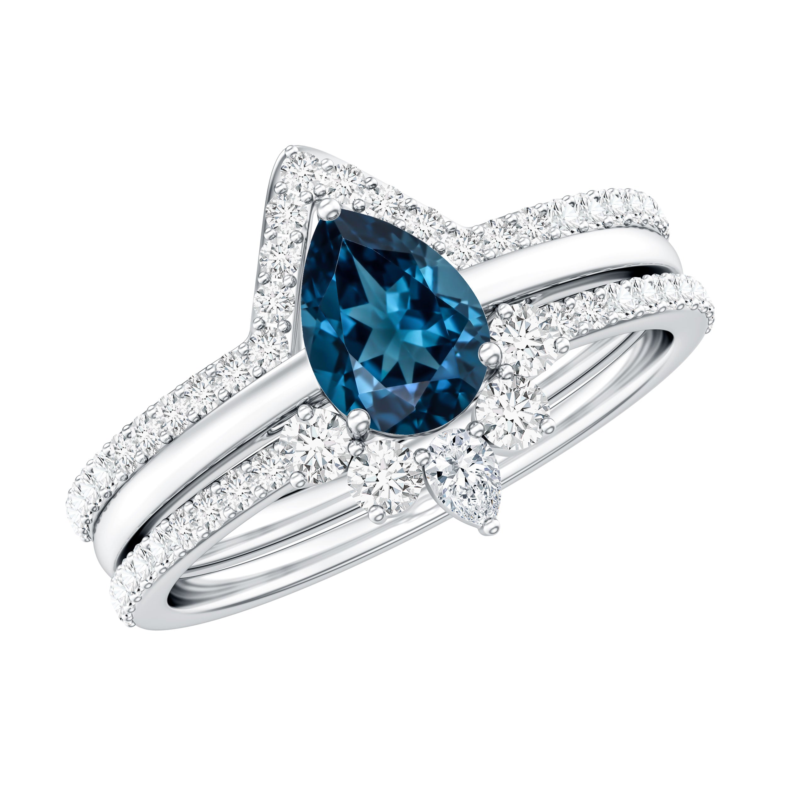 Pear Shape London Blue Topaz and Diamond Trio Ring Set