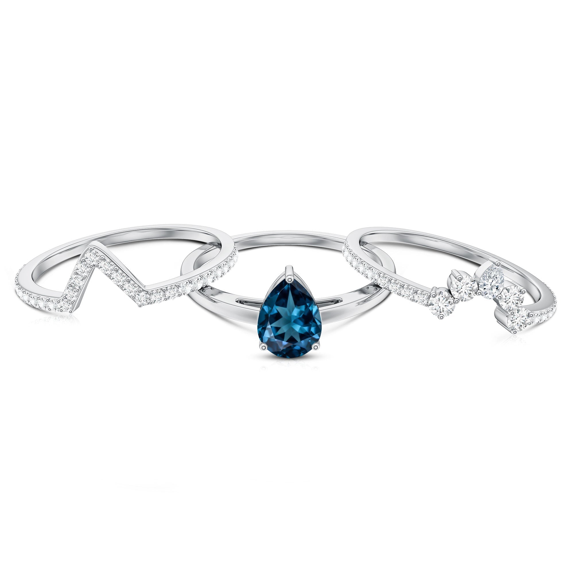 Pear Shape London Blue Topaz and Diamond Trio Ring Set