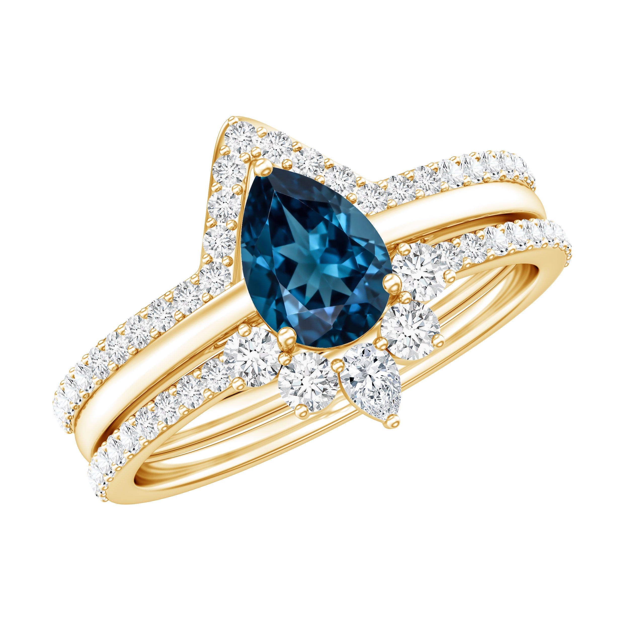 Pear Shape London Blue Topaz and Diamond Trio Ring Set