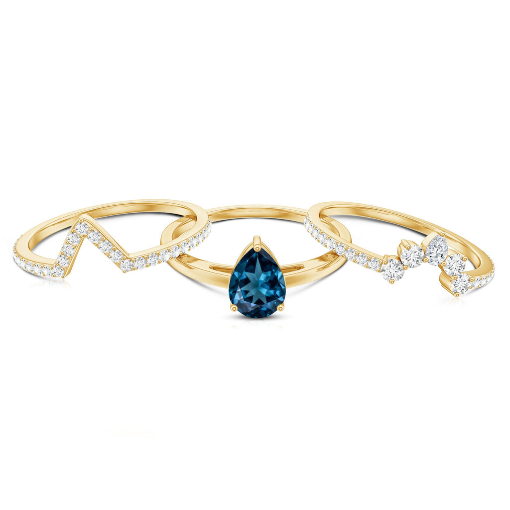 Pear Shape London Blue Topaz and Diamond Trio Ring Set